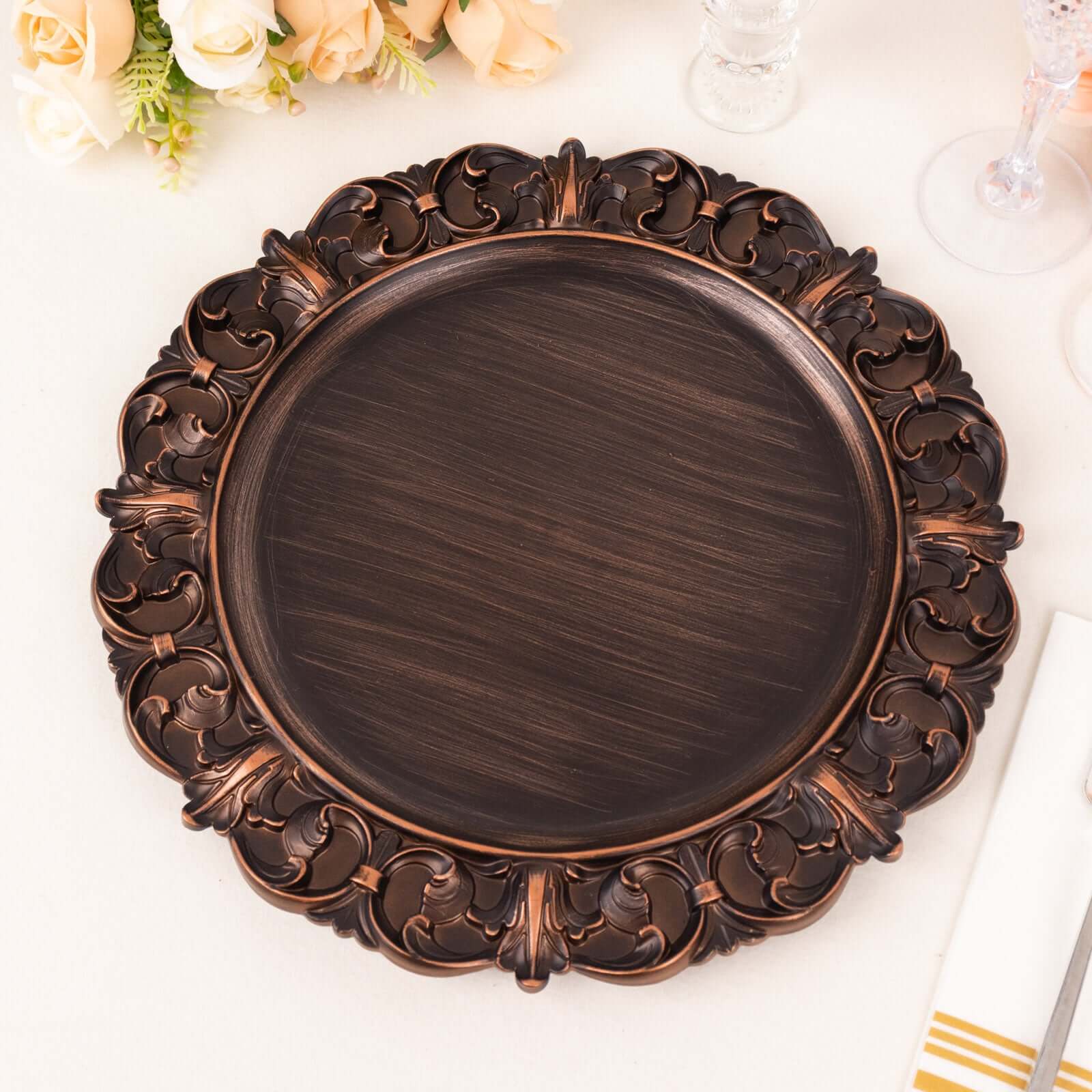 6-Piece Set of 13-Inch Dark Brown Acrylic Round Chargers with Elegant Retro Baroque Rim