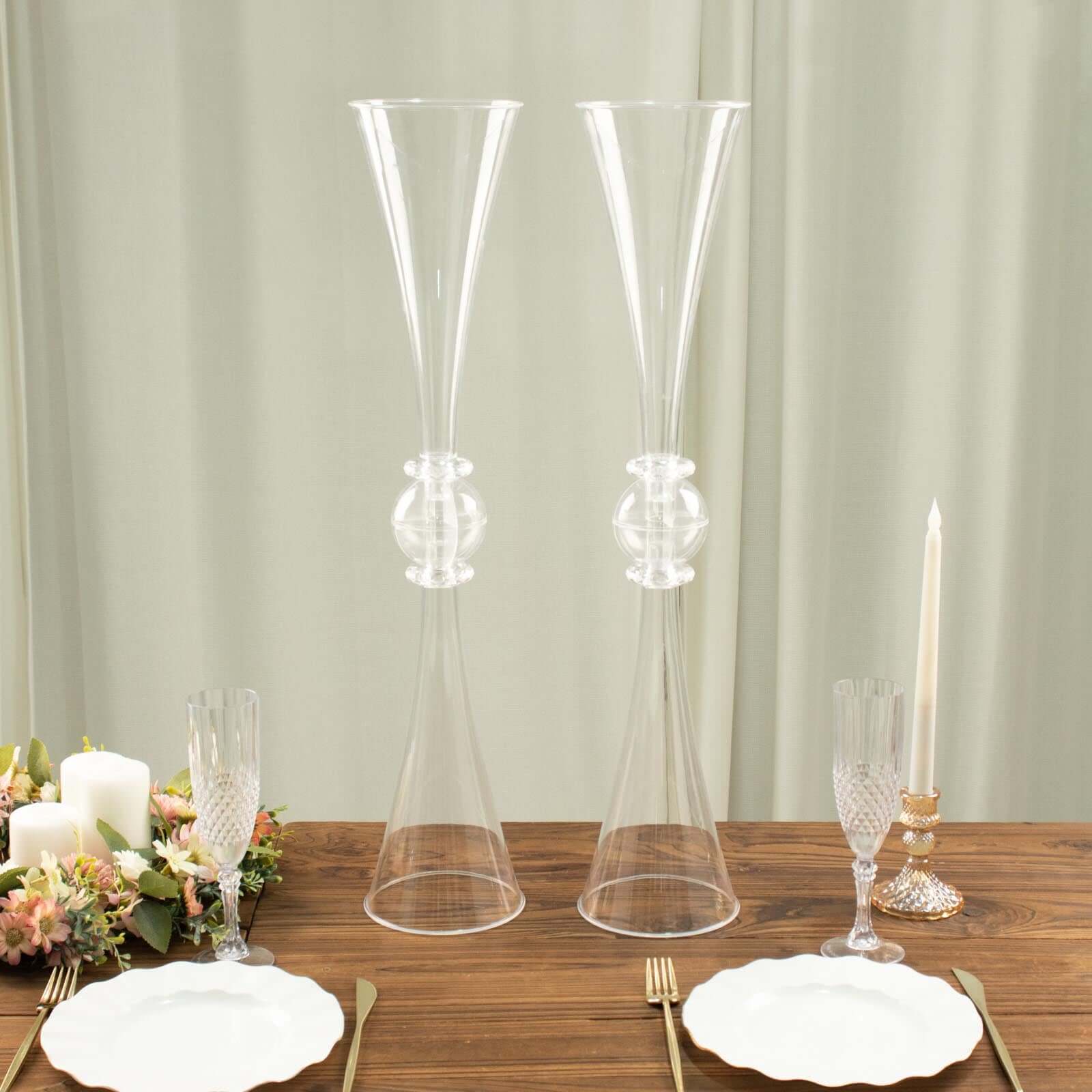 2-Pack Clear Reversible Plastic Trumpet Flower Vases with Crystal Embellishments - Ideal for Events!