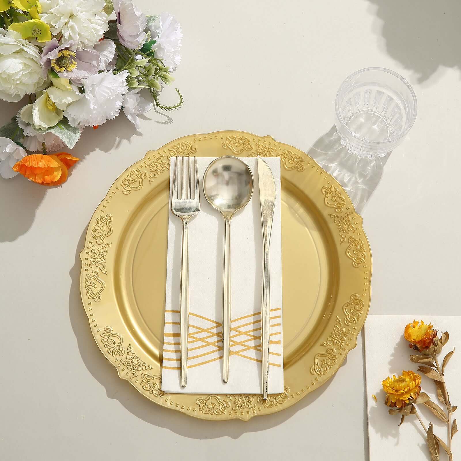 Hot Deal! 10-Pack of Disposable Round Plastic Dinner Plates with Gold Embossed Scalloped Edge for Special Events
