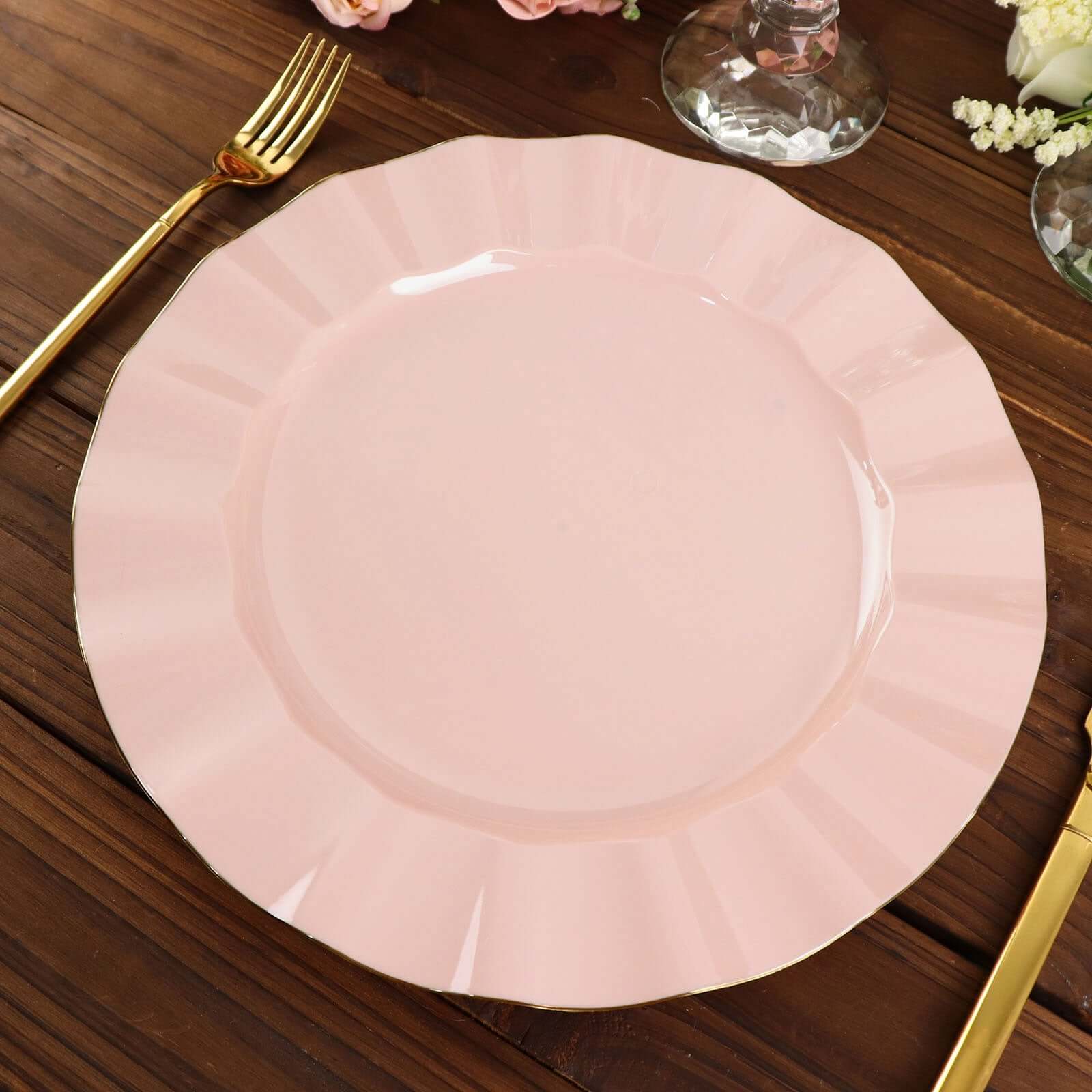 10-Piece Set of Sturdy Blush Plastic Round Dinner Plates with Gold Ruffled Edging