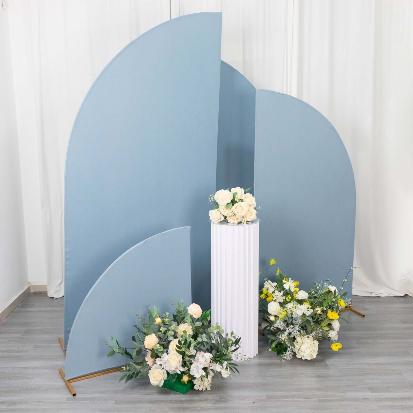 4-Piece Matte Dusty Blue Spandex Half Moon Wedding Arch Backdrop Covers in Various Sizes