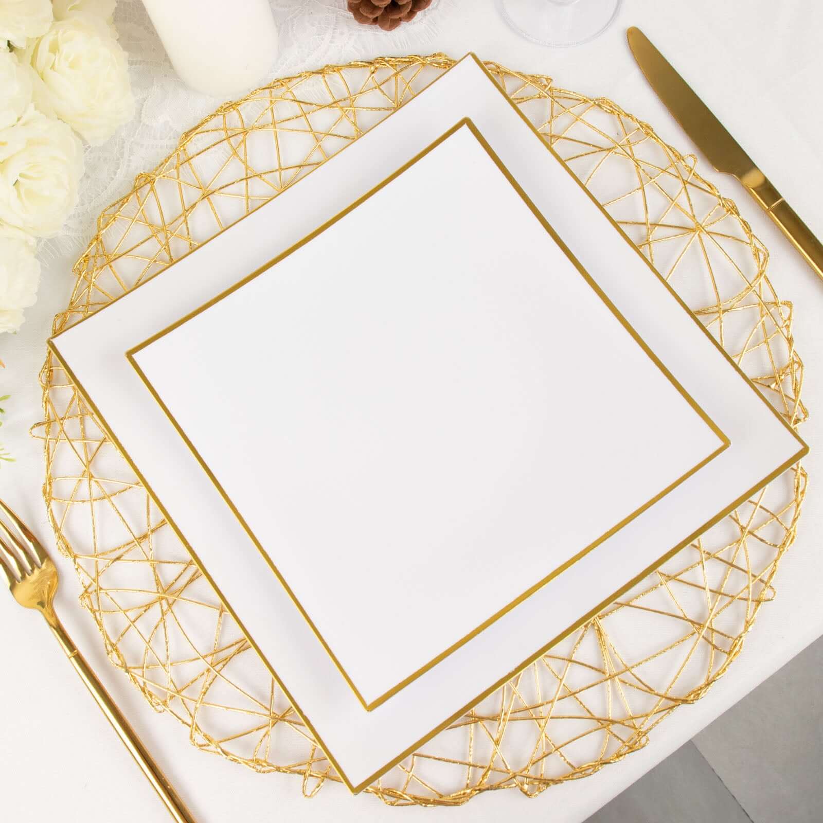 Hot Deal! 10-Pack White Concave Square Plastic Dessert Plates with Gold Rim - Ideal for Weddings & Special Events