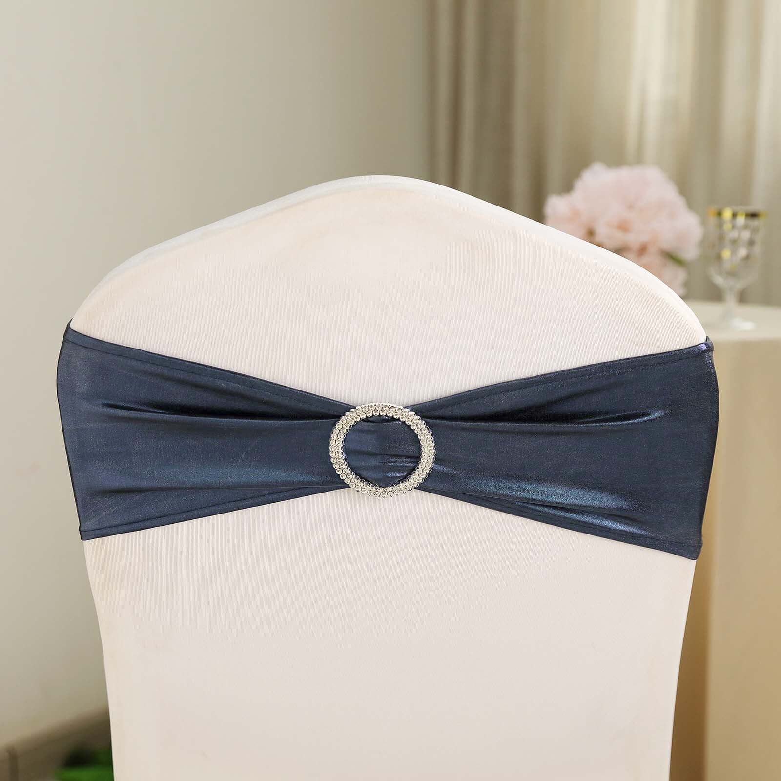 5-Pack Navy Blue Metallic Spandex Chair Sashes with Round Diamond Plastic Buckles - Ideal for Decor