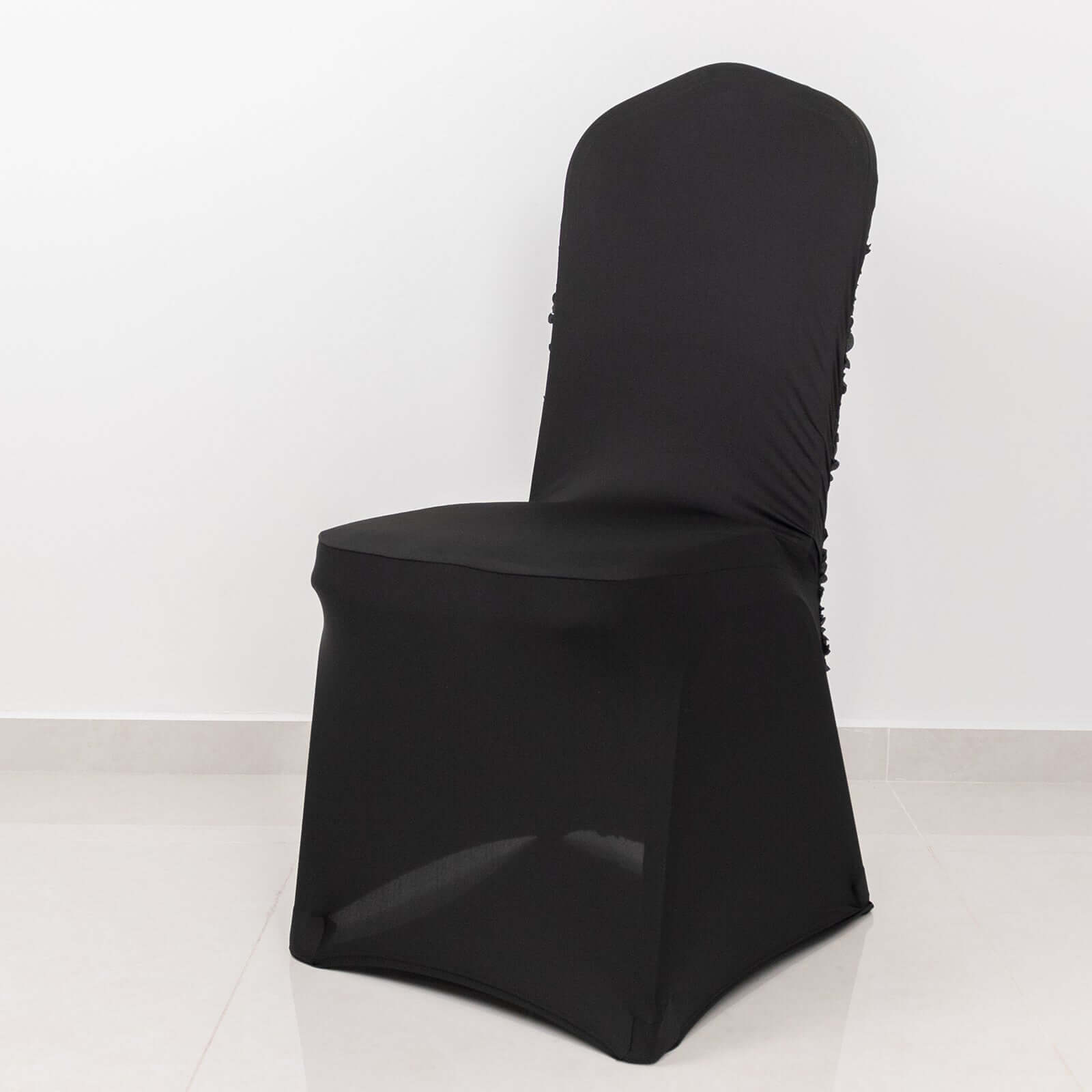 Black Stretch Fitted Satin Rosette Slip-On Cover for Banquet Chairs