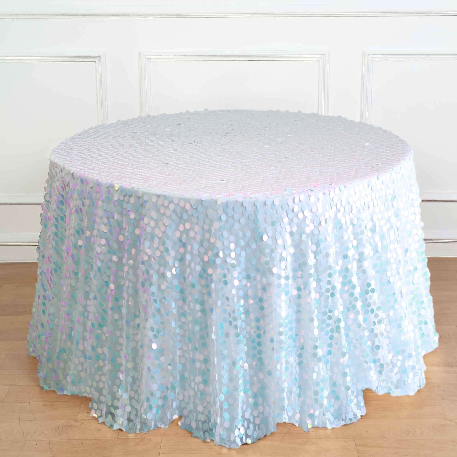 120-Inch Seamless Iridescent Blue Round Sequin Tablecloth for Big Payette Tables