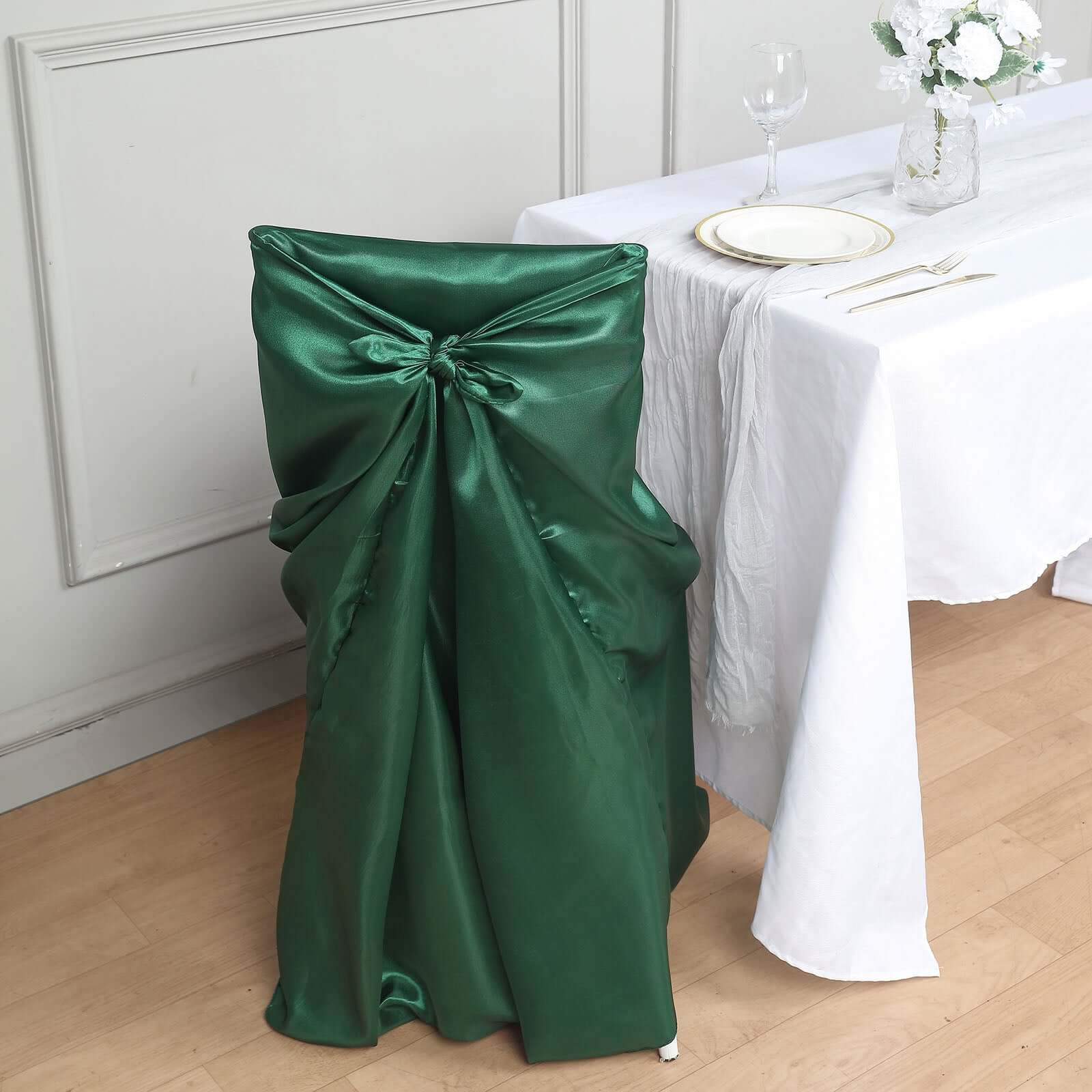 Hunter Emerald Green Satin Self-Tie Chair Covers - Durable Slip-On for Folding, Dining & Banquet Chairs