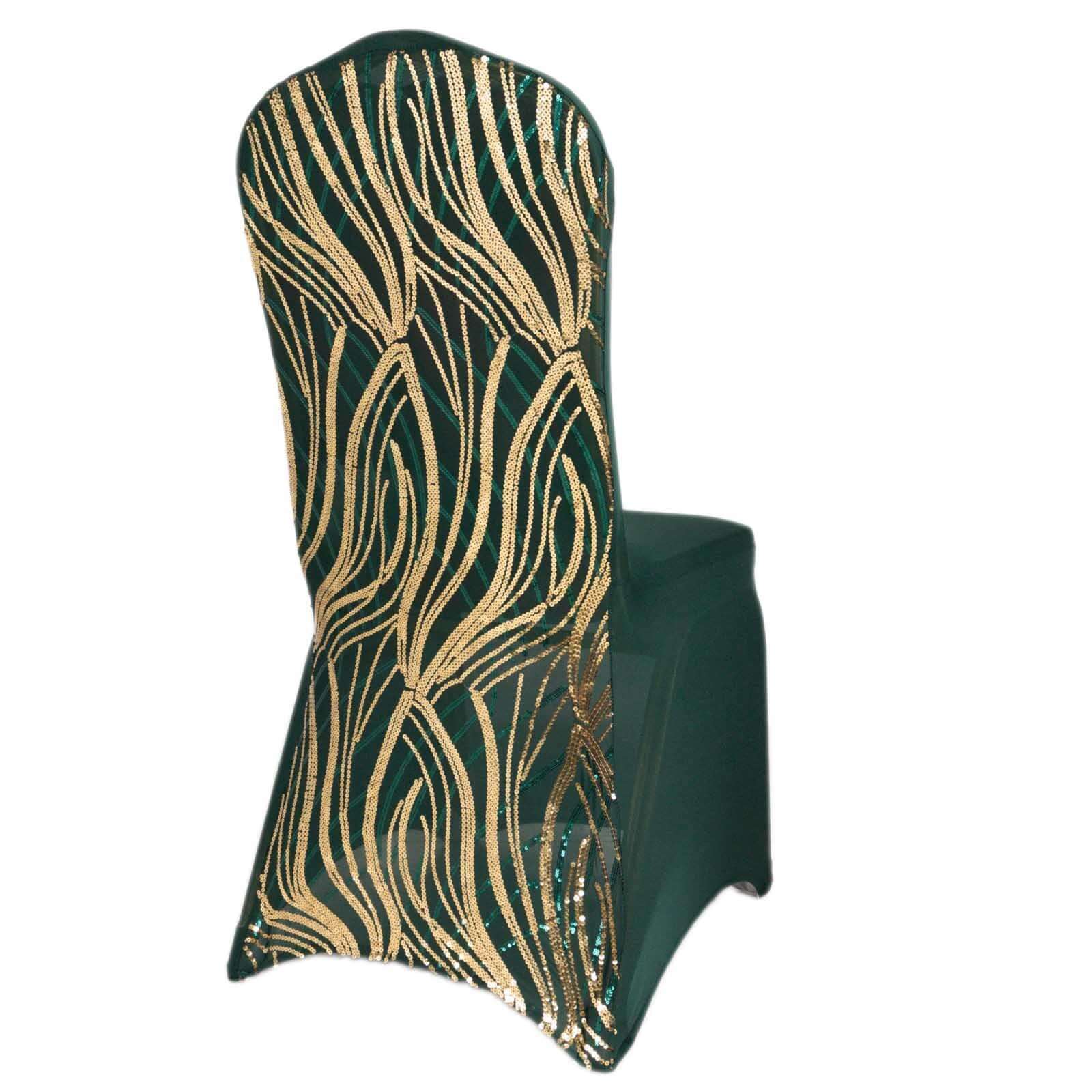 Sparkling Hunter Emerald Green/Gold Spandex Banquet Chair Covers with Wave Embroidered Sequins - Stretch Fitted Slipcovers