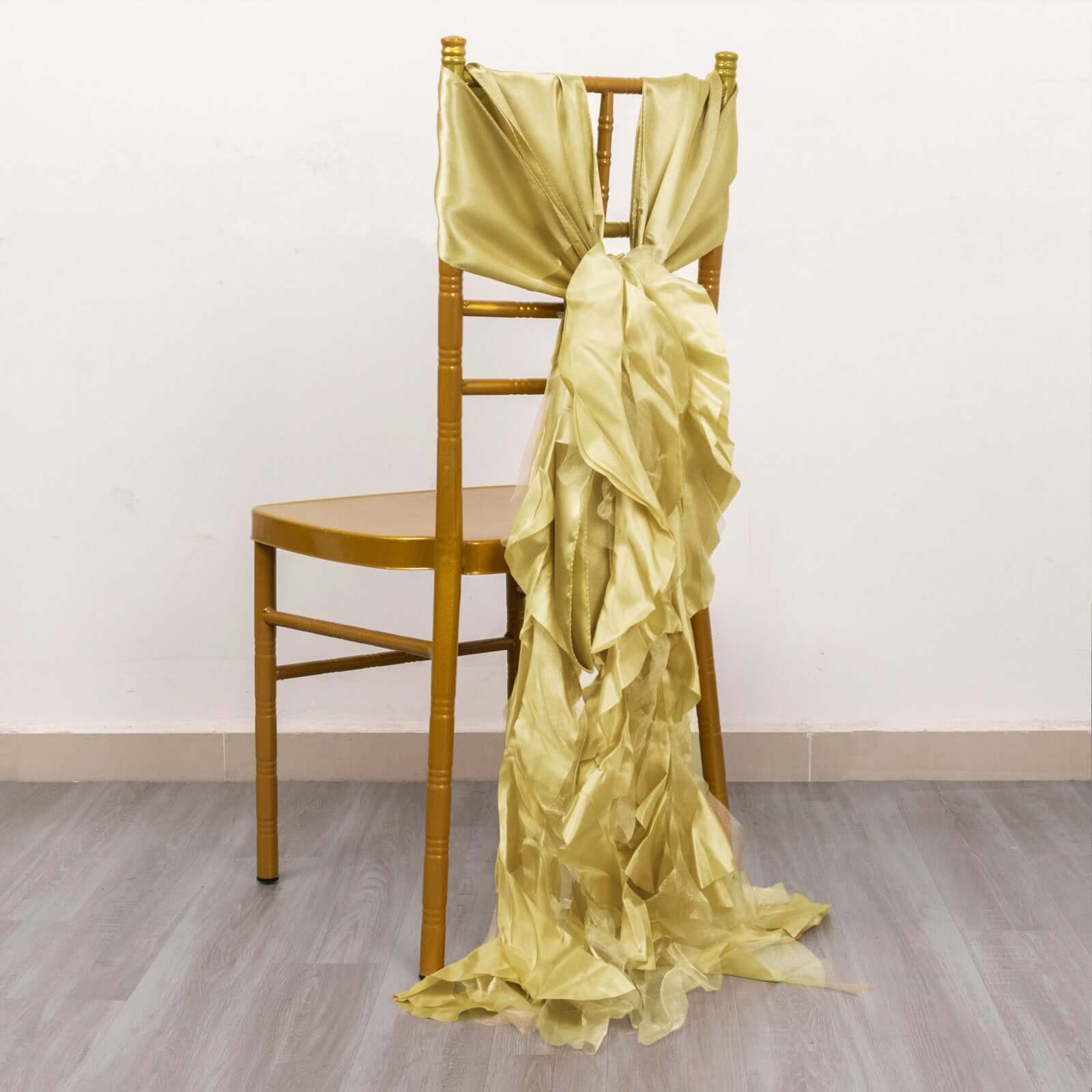 Hot Deal! 5-Piece Champagne Chiffon Satin Chair Sashes with Curly Willow Style