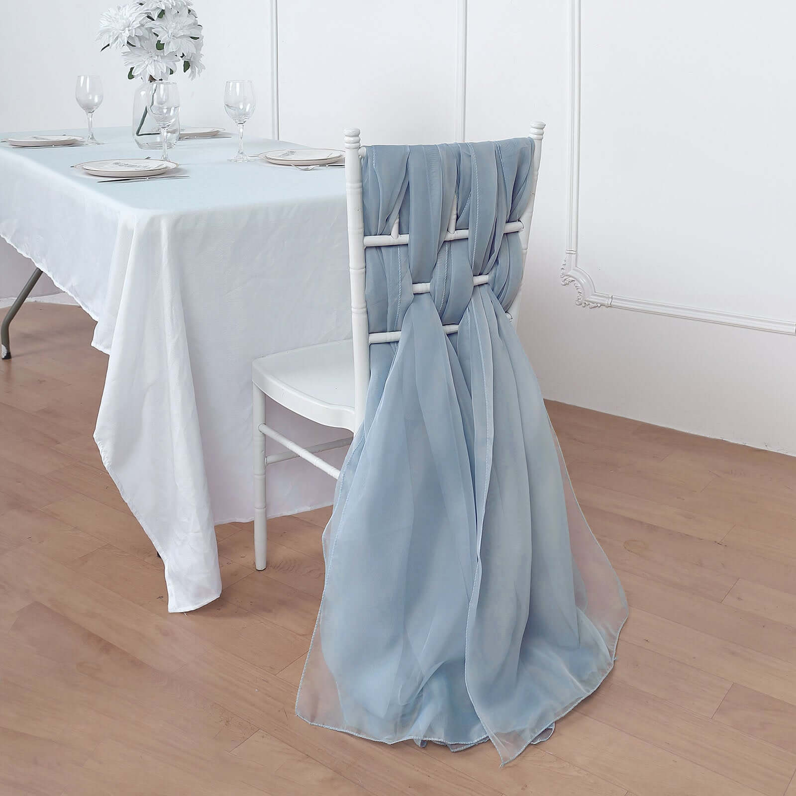 5-Piece Set of Premium Dusty Blue Chiffon Chair Sashes - Soft & Light Designer Bows (22x78)