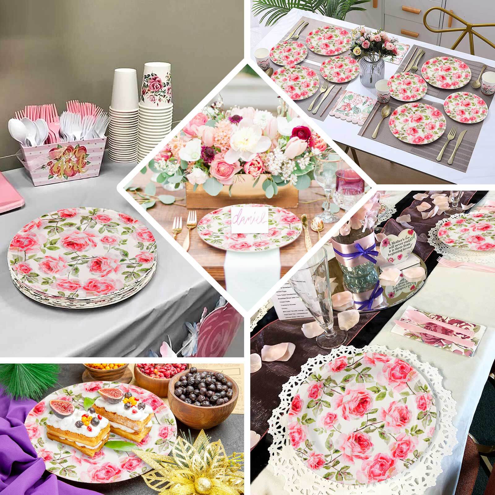 Get 25 Pack of Premium Dinner Paper Plates with Rose Flower Bouquet Design - 9
