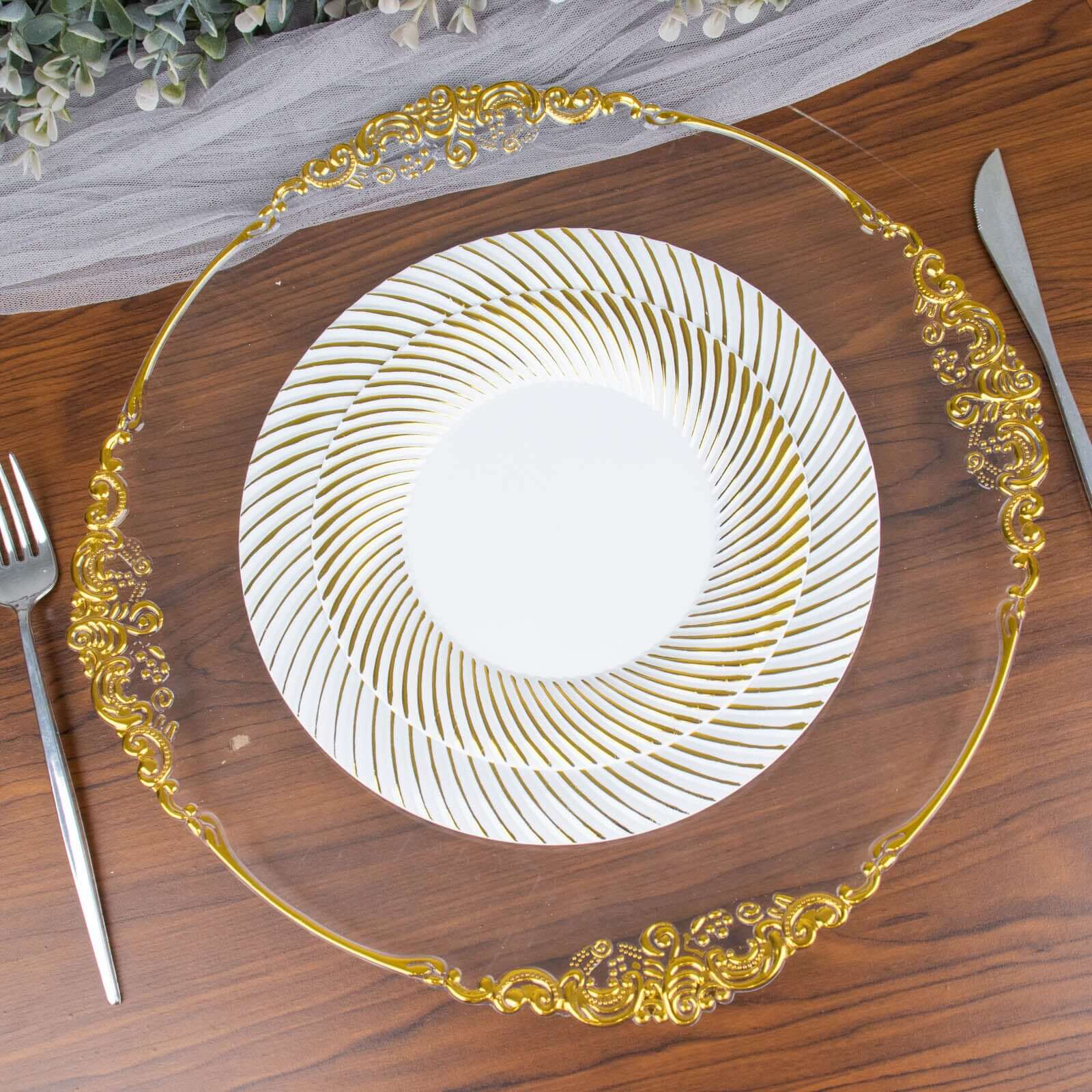 10-Pack Disposable White Plastic Round Dessert Plates with Gold Swirl Rim for Elegant Events