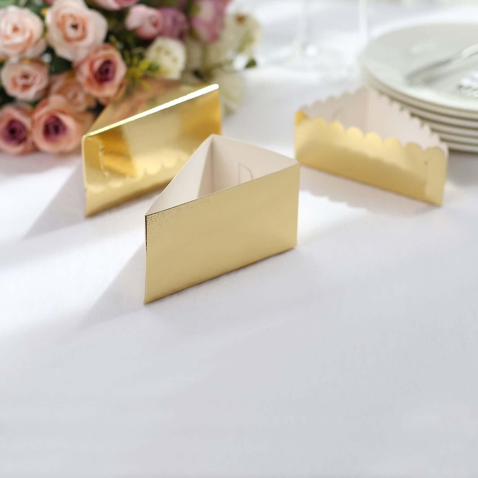 10-Pack Gold Scalloped Top Cardstock Cake Slice Boxes - Ideal for Party Favors & Snacks