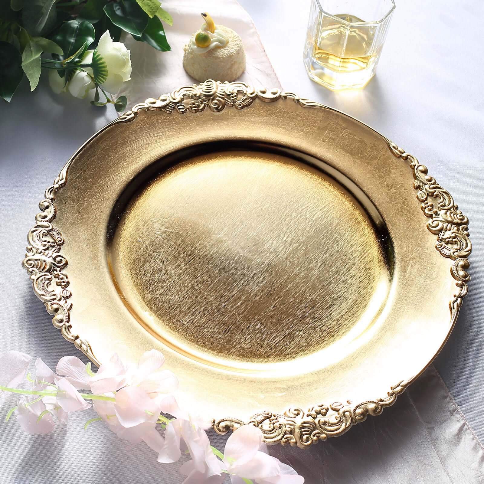 6-Pack 13-inch Gold Acrylic Round Charger Plates with Embossed Baroque Rim - Ideal for Dinner Parties