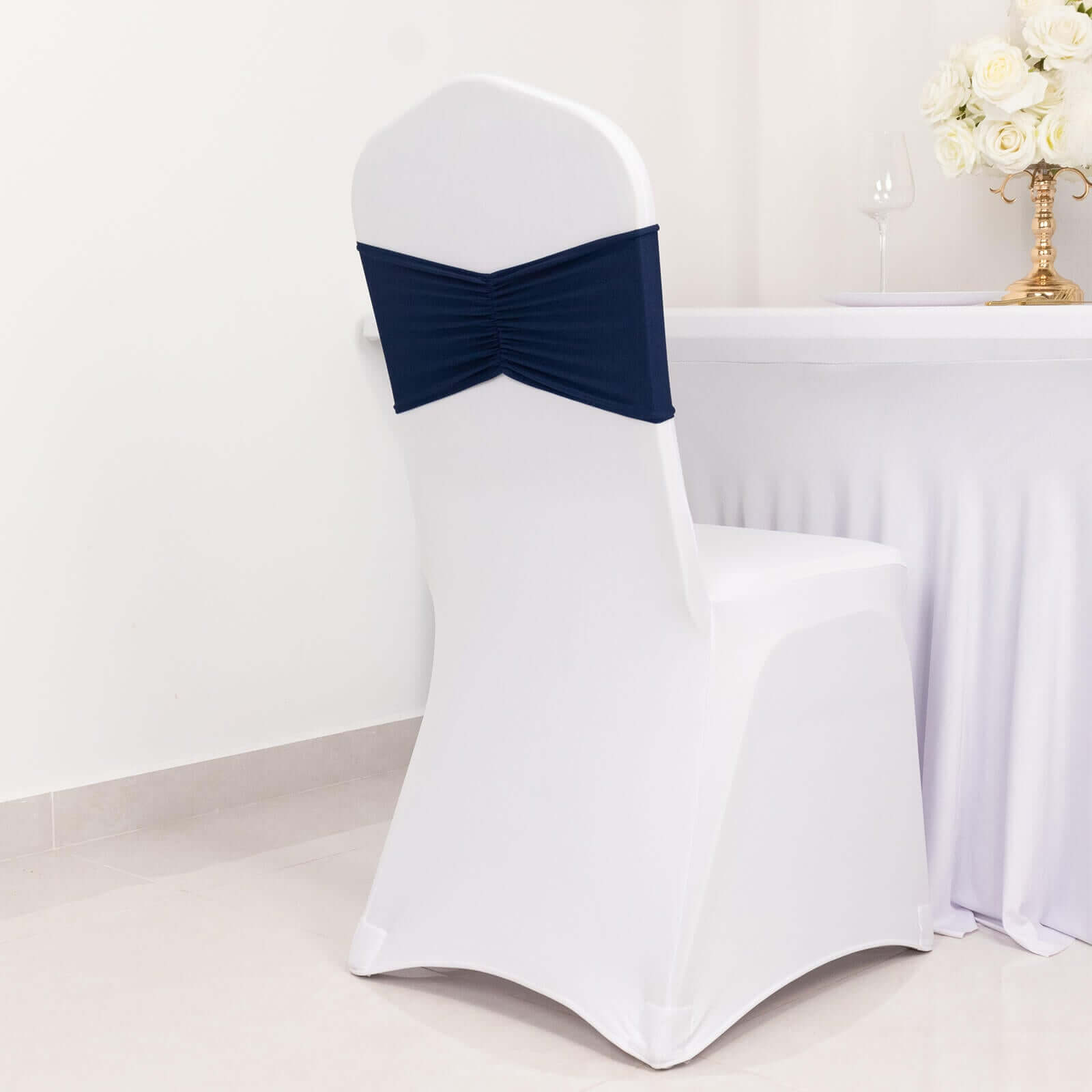 Navy Blue Ruffled Spandex Chair Sashes - 5 Pack, 8x13 Wide Stretch Bands