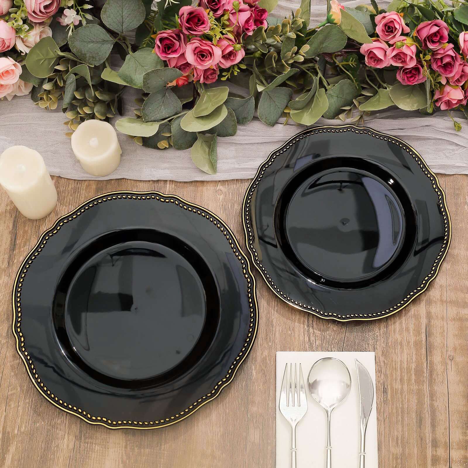 10-Piece Set of Disposable Black Plastic Dinner Plates with Gold Scalloped Rim, 9 Inches for Upscale Events