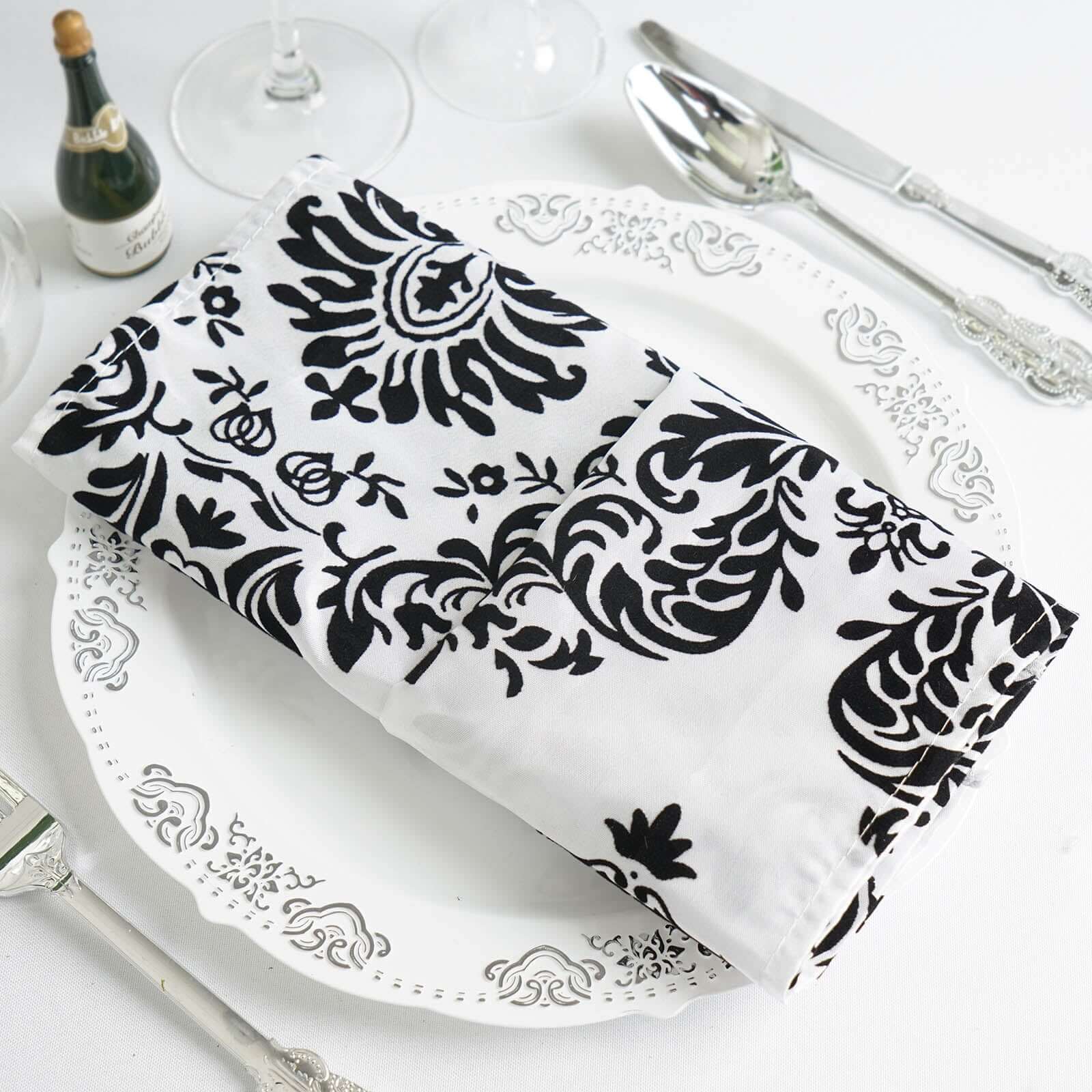 Exclusive 5-Pack Black/White Damask Flocking Design Taffeta Dinner Napkins - Luxurious Decor