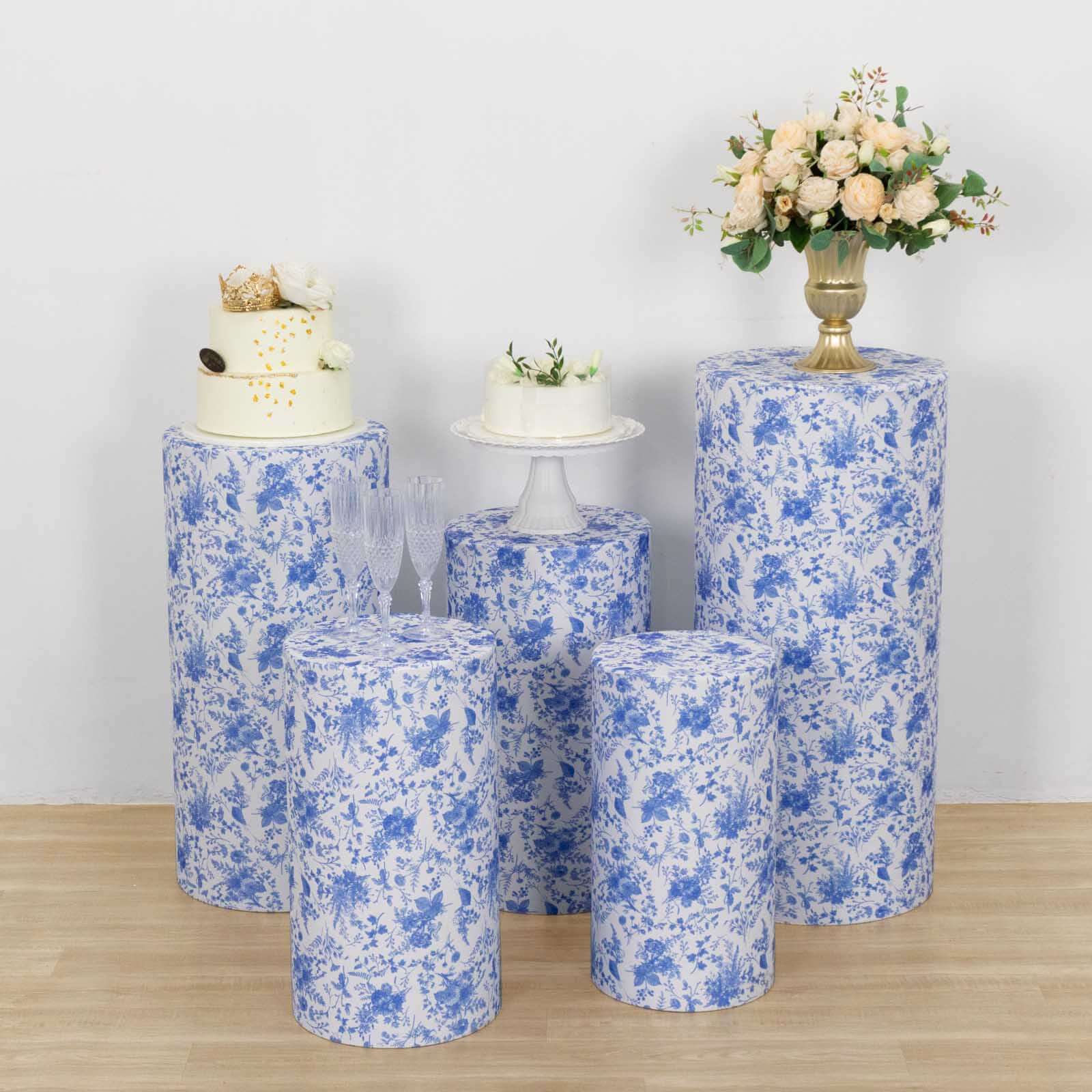 5-Piece Set of Stretchable White and Blue French Toile Floral Spandex Cylinder Pedestal Stand Covers, 160 GSM