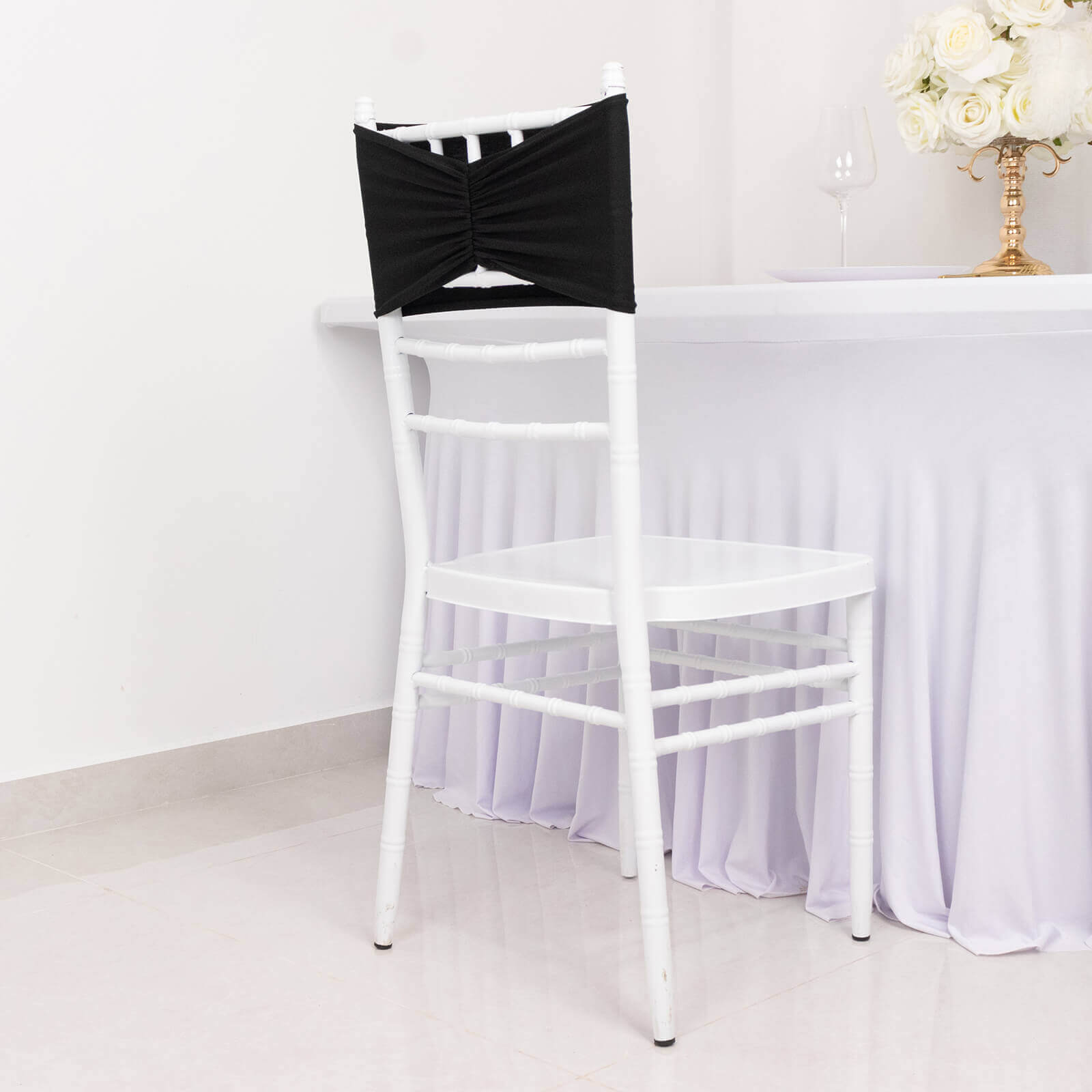 5-Pack Black Ruffled Spandex Chair Sashes - Wide, Stretchable and Easy-to-Use Decor Bands