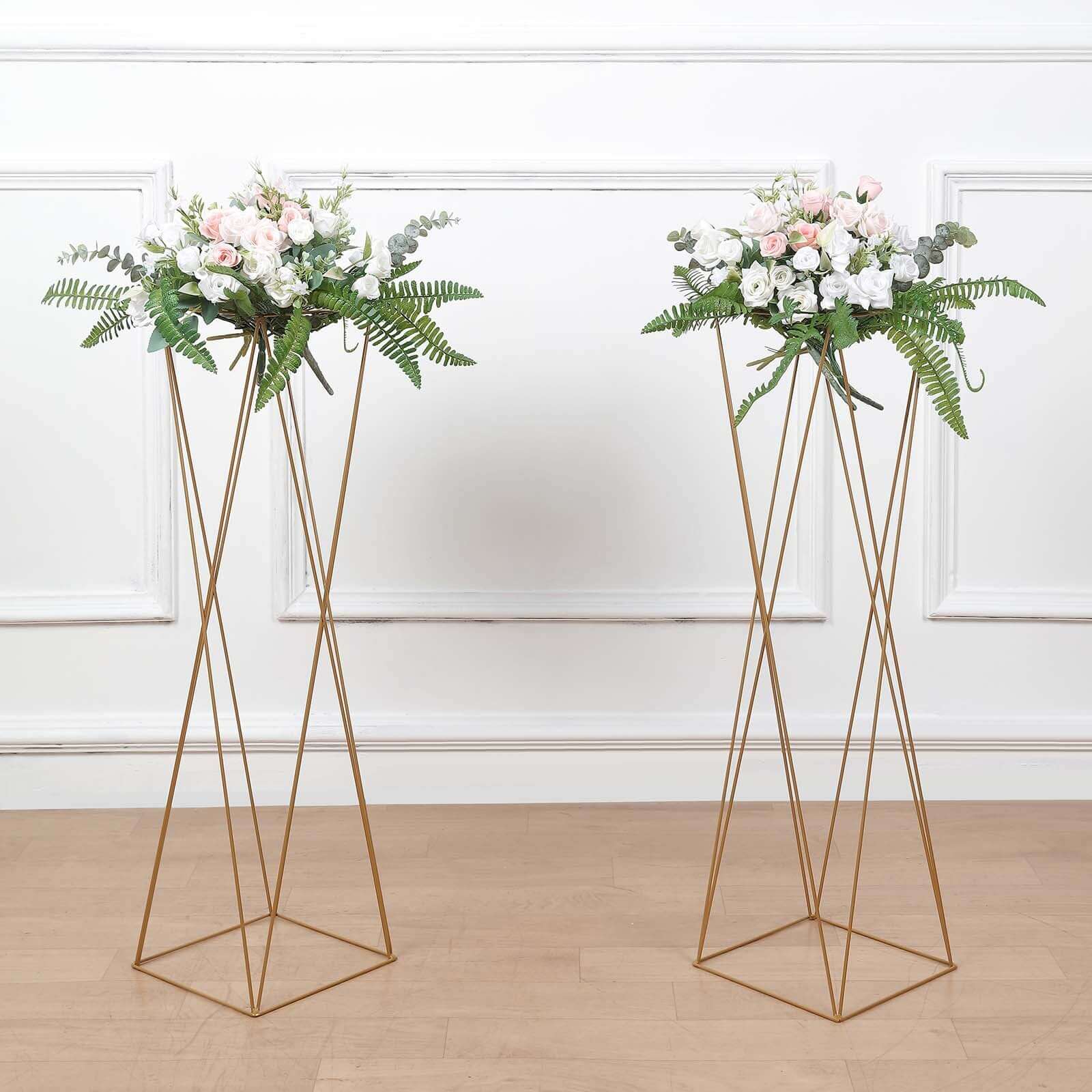 2-Pack Gold Metal Geometric Crisscross Open Column Pedestal Stands for Wedding Centerpieces, 32 Inches