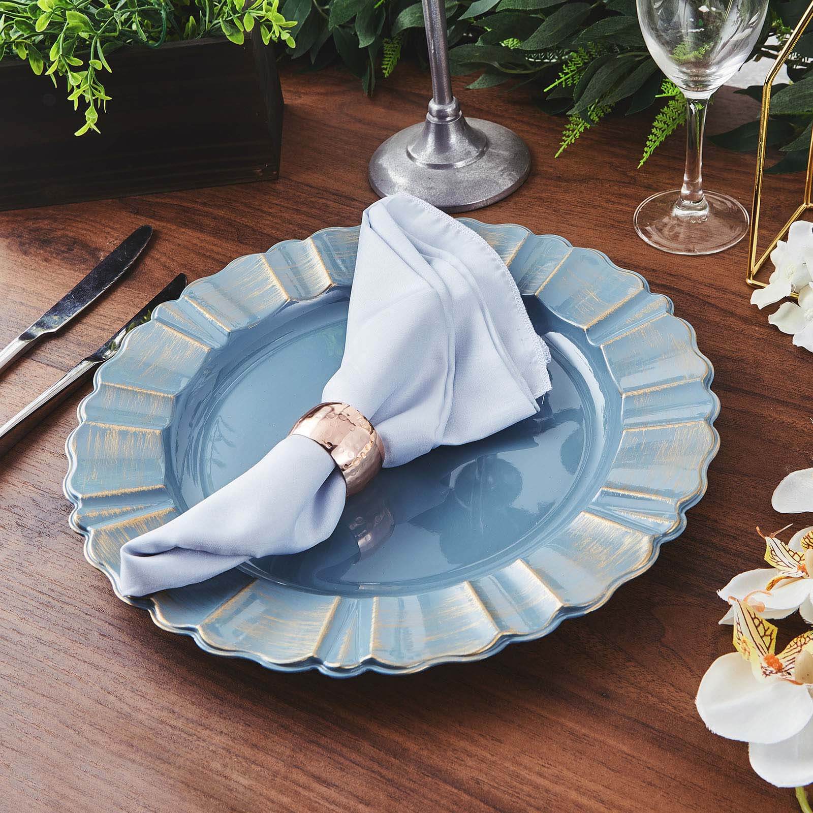 6-Piece Set of 13-Inch Dusty Blue Acrylic Plastic Round Charger Plates with Gold-Brushed Scalloped Rim for Dinner Parties