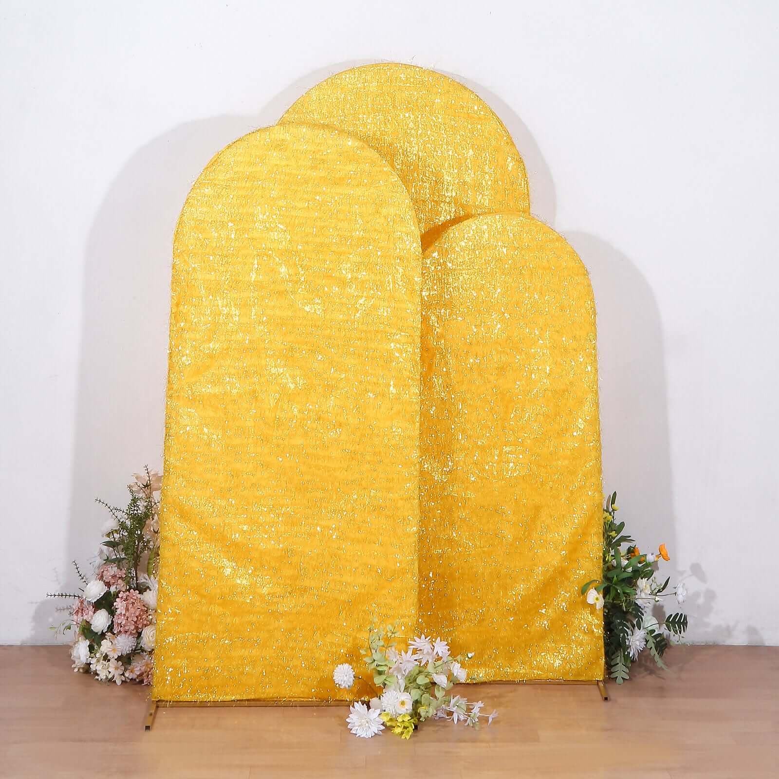 Hot Sale! Set of 3 Gold Metallic Fringe Covers for Chiara Round Top Wedding Arch Backdrop Stands (5ft, 6ft, 7ft)