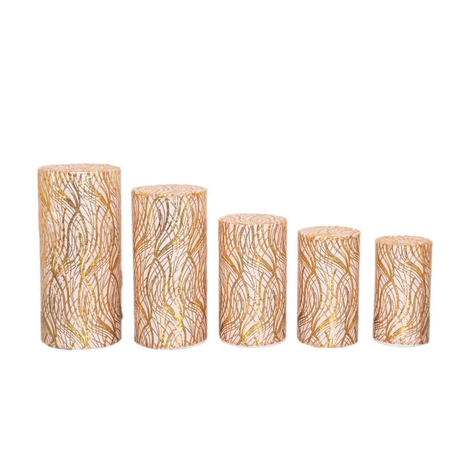 Set of 5 Rose Gold and Gold Sparkly Wave Sequin Mesh Cylinder Pedestal Stand Covers