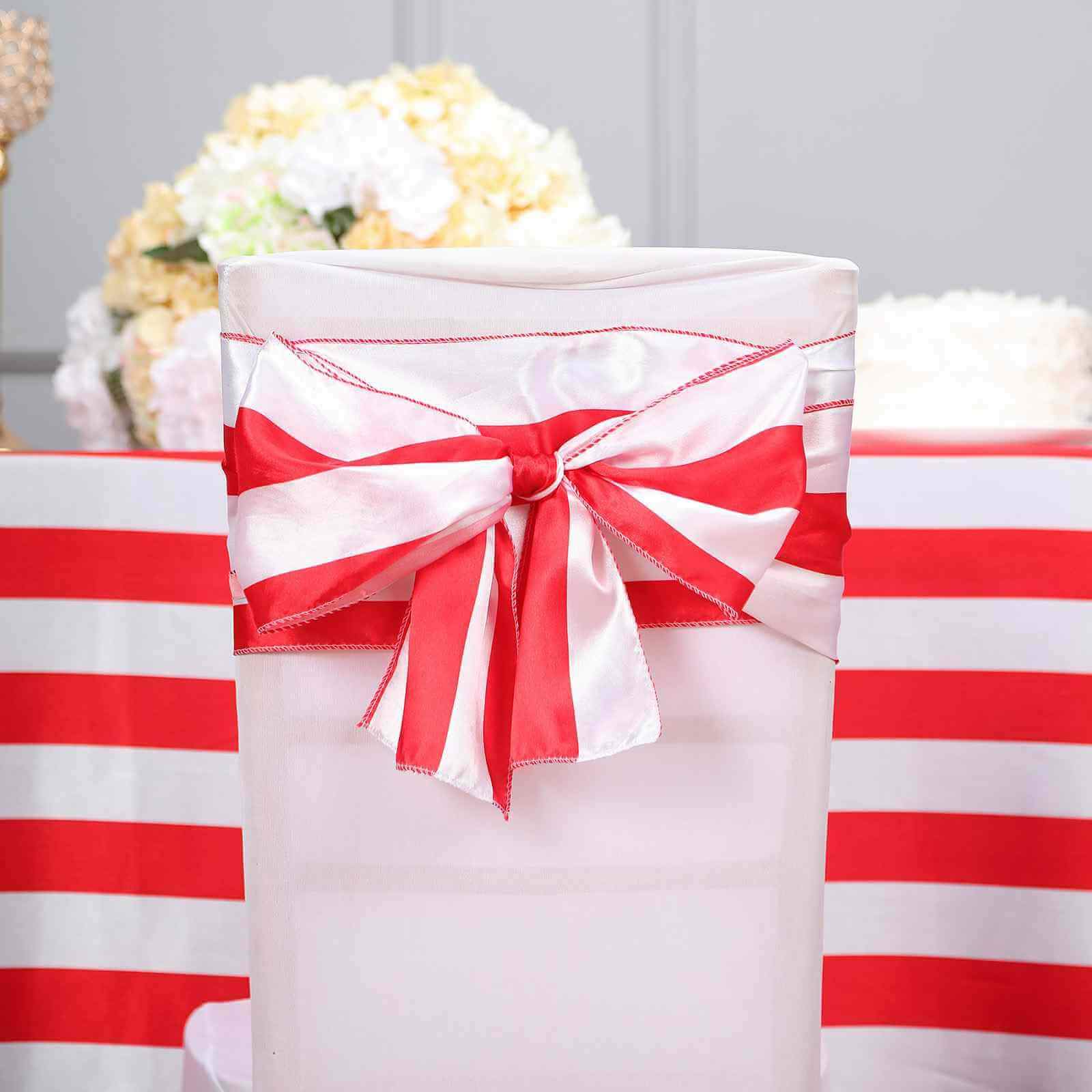 Hot Deal! 5-Piece Set of Satin Red/White Striped 6x108 Chair Sashes for Weddings and Gatherings