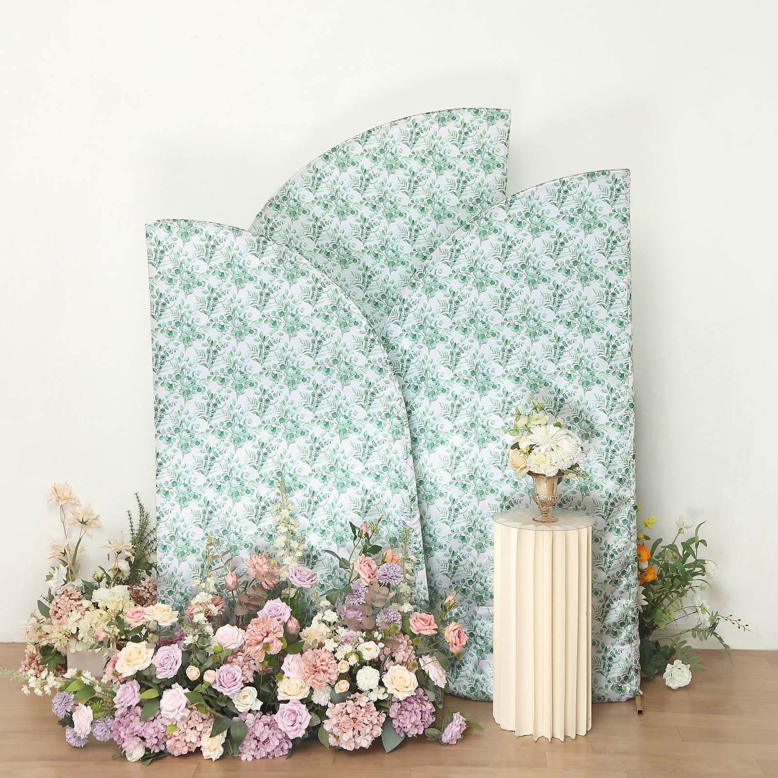 Exclusive Set of 3 Satin Wedding Arch Covers with Eucalyptus Leaves Print - 5ft, 6ft, 7ft