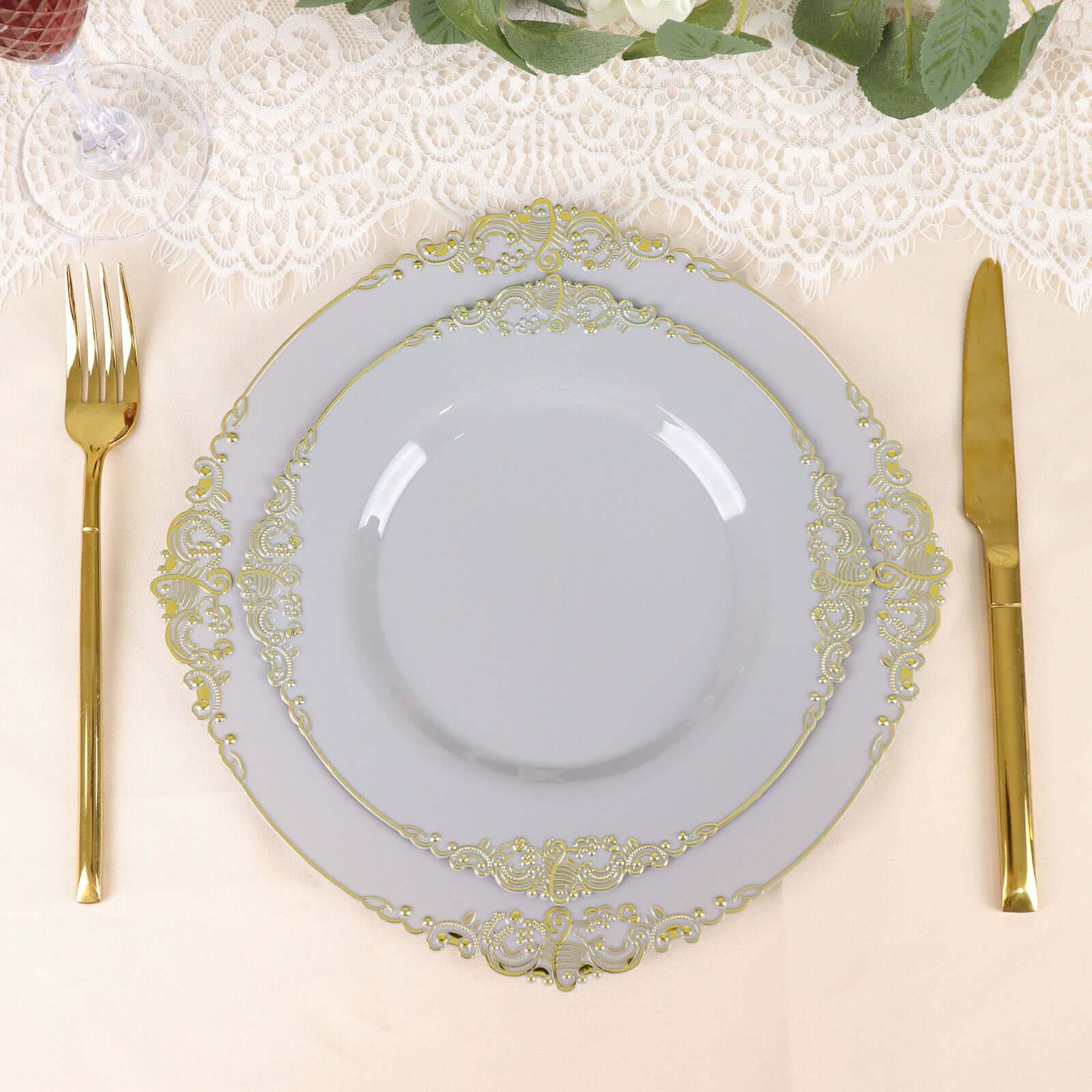 10-Pack Disposable Gray Plastic Round Dessert Plates with Gold Leaf Embossed Rim, Baroque Style