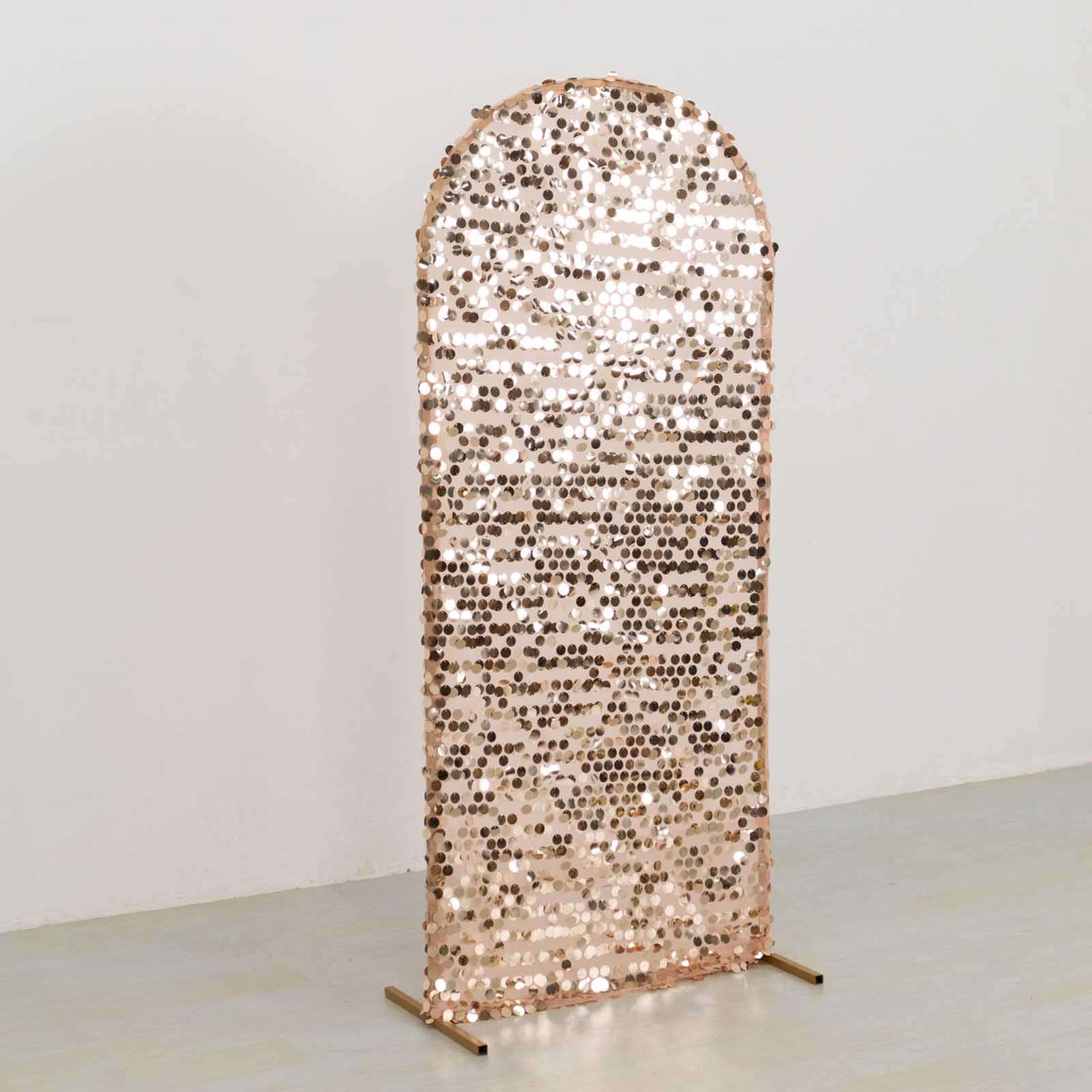5ft Sparkly Rose Gold Payette Sequin Fitted Cover for Round - Top Wedding Arch Stand