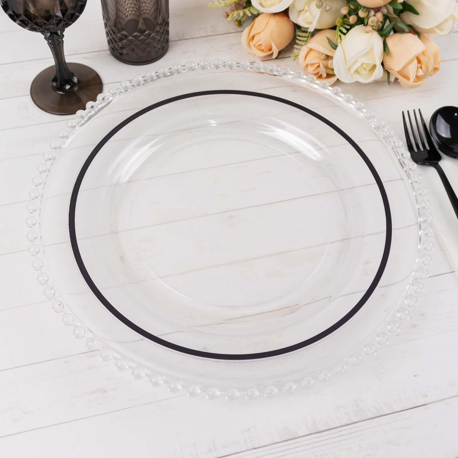 10-Pack Clear Plastic Round Dinner Plates with Black Rim - Ideal Disposable Plates for Classy Parties