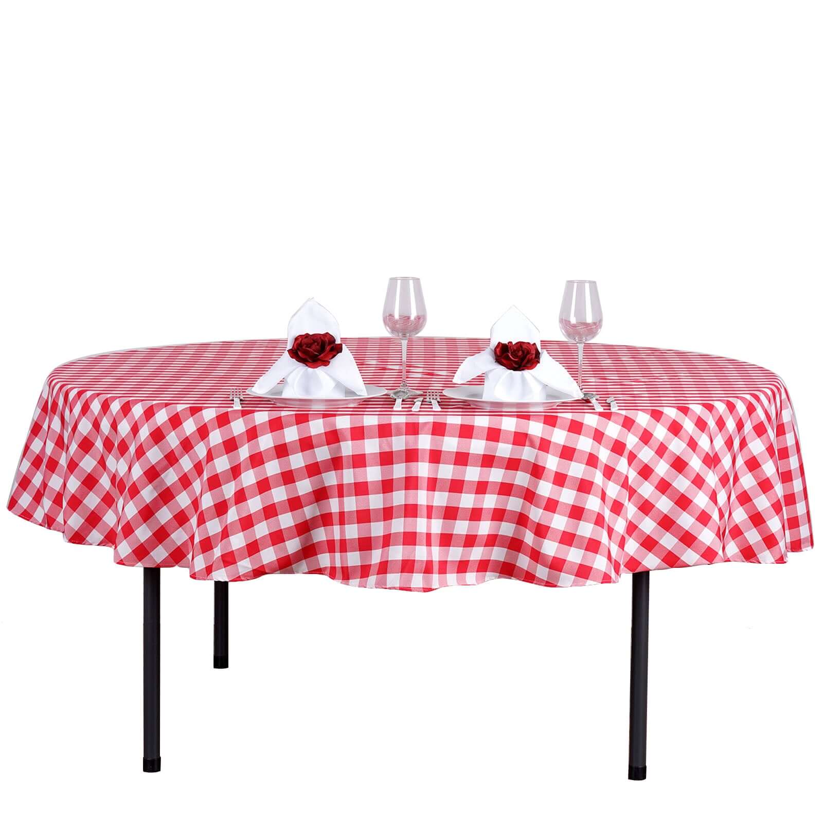 Get This 70-Inch Polyester Round Tablecloth in White/Red Buffalo Plaid for Your Events