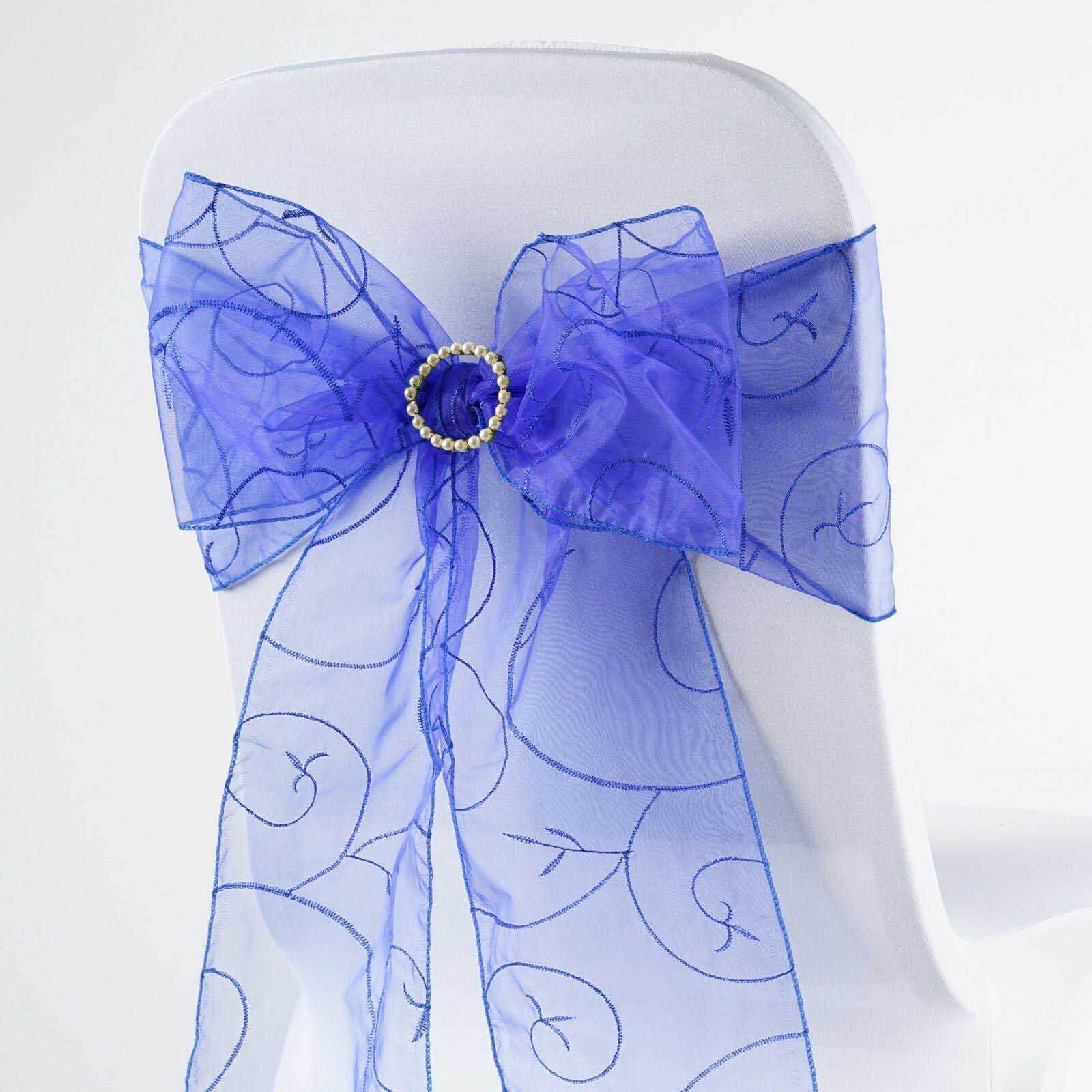 Get 5-Pack Royal Blue Organza Chair Sashes with Satin Leaf Embroidery - Reusable & Sheer 7x108