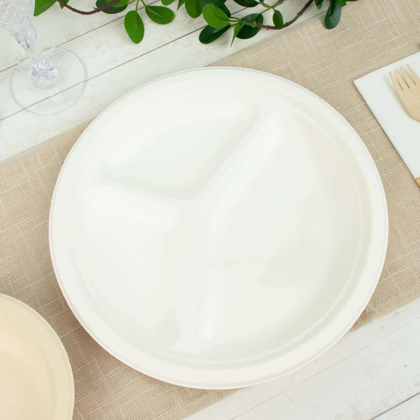 Eco-Friendly 50-Pack White Round 10-Inch 3-Compartment Dinner Plates from Bagasse - Ideal for Events & Catering