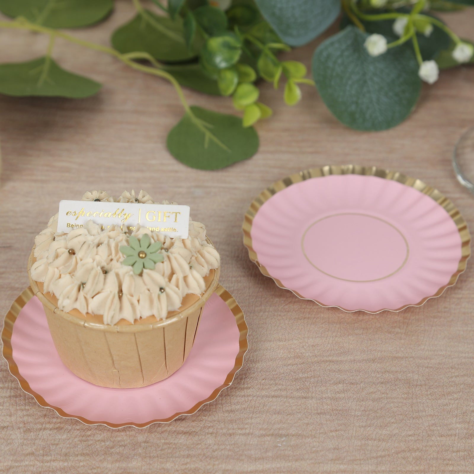 Hot Deal! 50-Pack Disposable Mini Round Blush Party Plates with Gold Scalloped Rim for Desserts