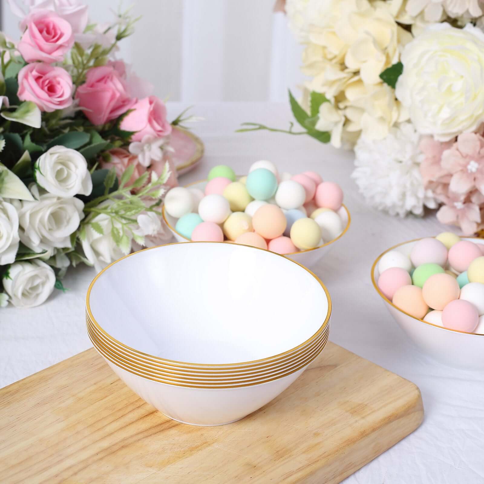 24-Pack 7oz Premium Heavy Duty Plastic Ice Cream Bowls - Glossy White with Gold Rim, Ideal for Events