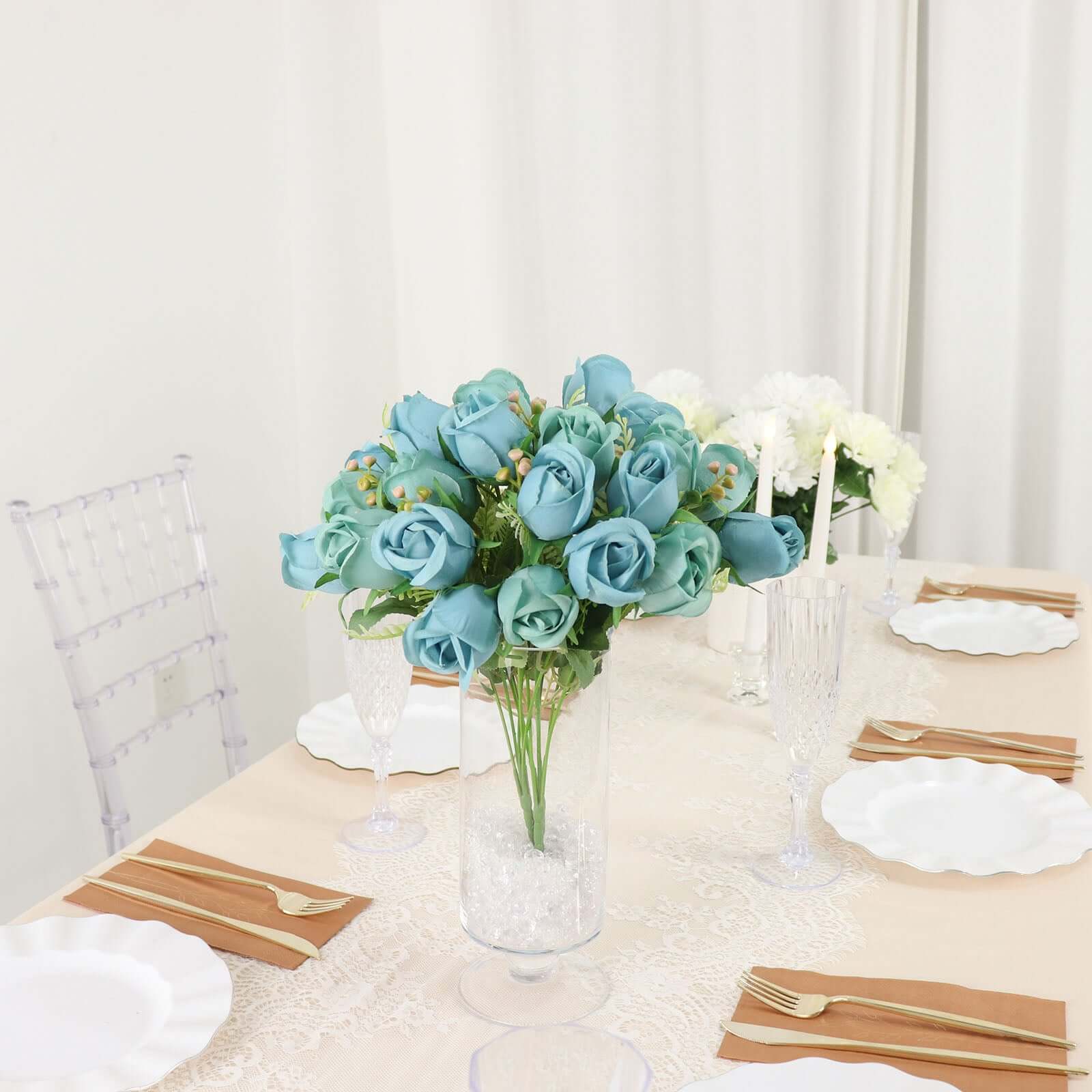 Hot Deal! 3-Pack 13" Dusty Blue Real Touch Silk Rose Bud Bridal Bouquets