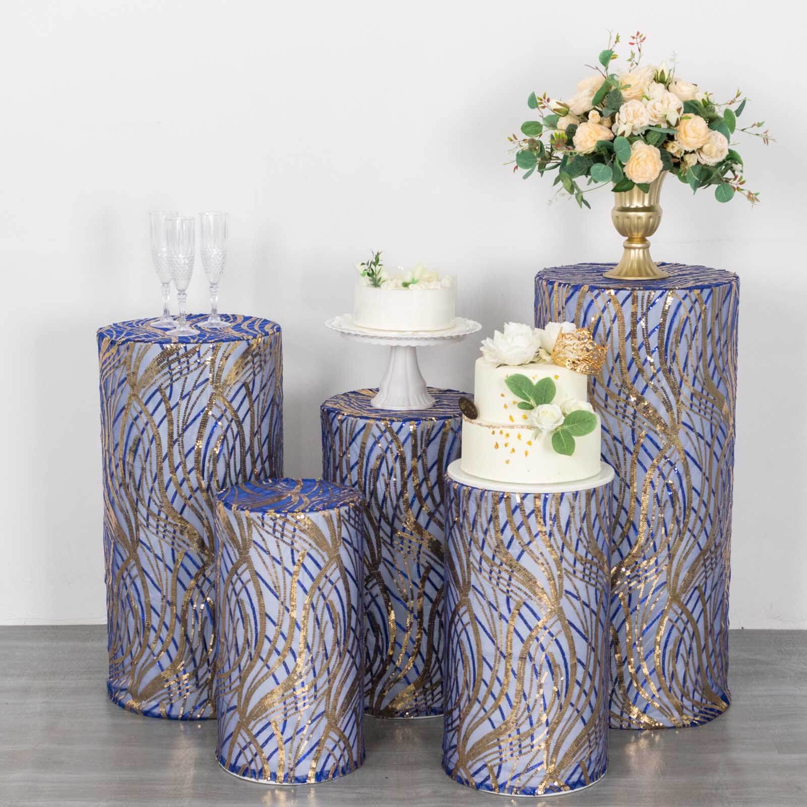 Hot Sale! Set of 5 Royal Blue Sequin Mesh Cylinder Pedestal Stand Covers with Wave Pattern