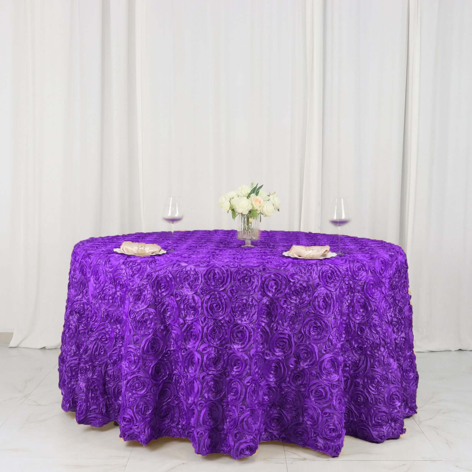 Hot Sale! Purple Satin 120-Inch Round Tablecloth with 3D Rosette and Seamless Finish