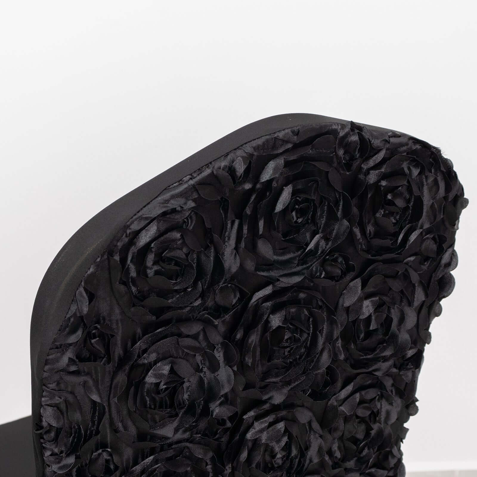 Black Stretch Fitted Satin Rosette Slip-On Cover for Banquet Chairs