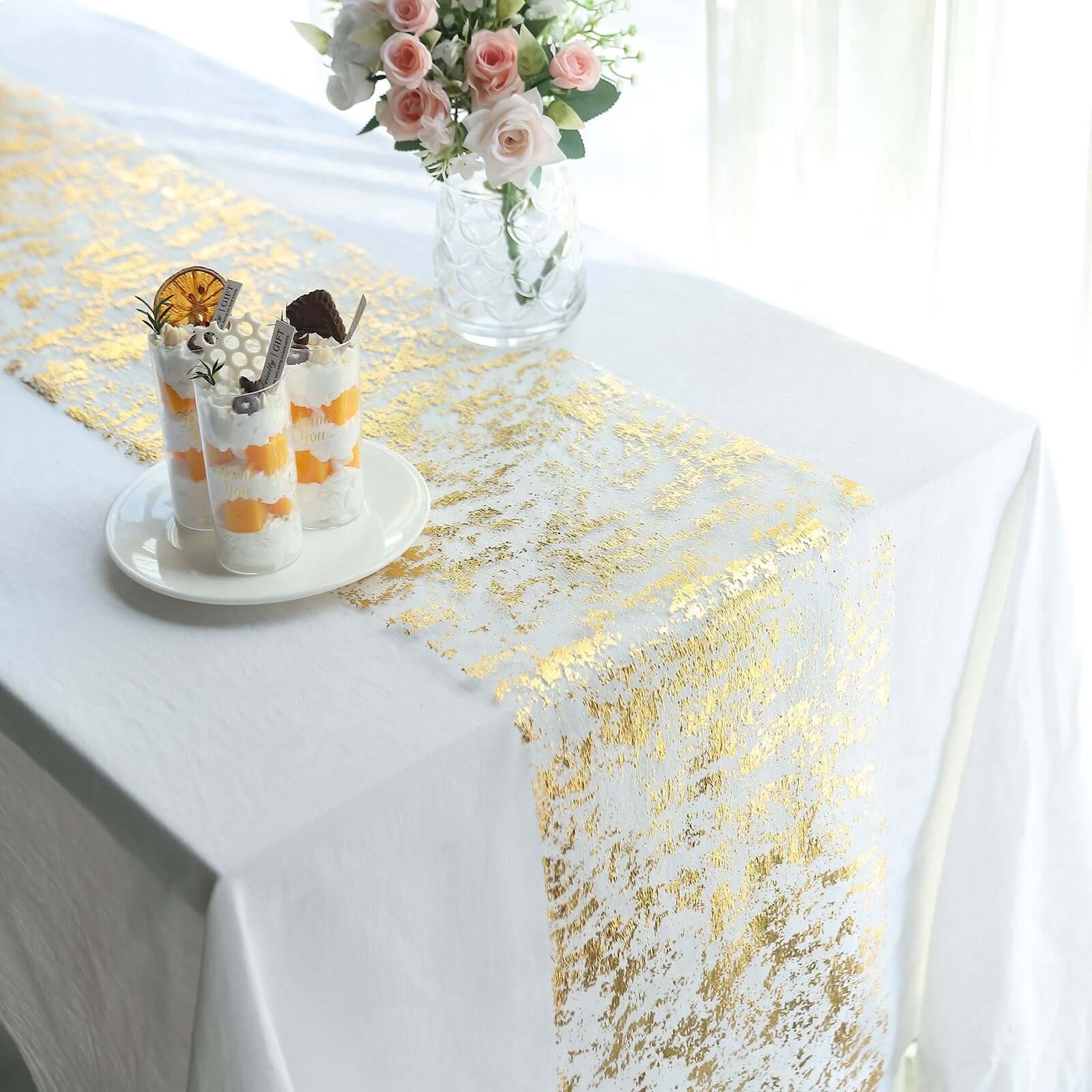 Hot! Disposable Metallic Gold Polyester Table Runner Roll with Distressed Foil Printing for Party Decor