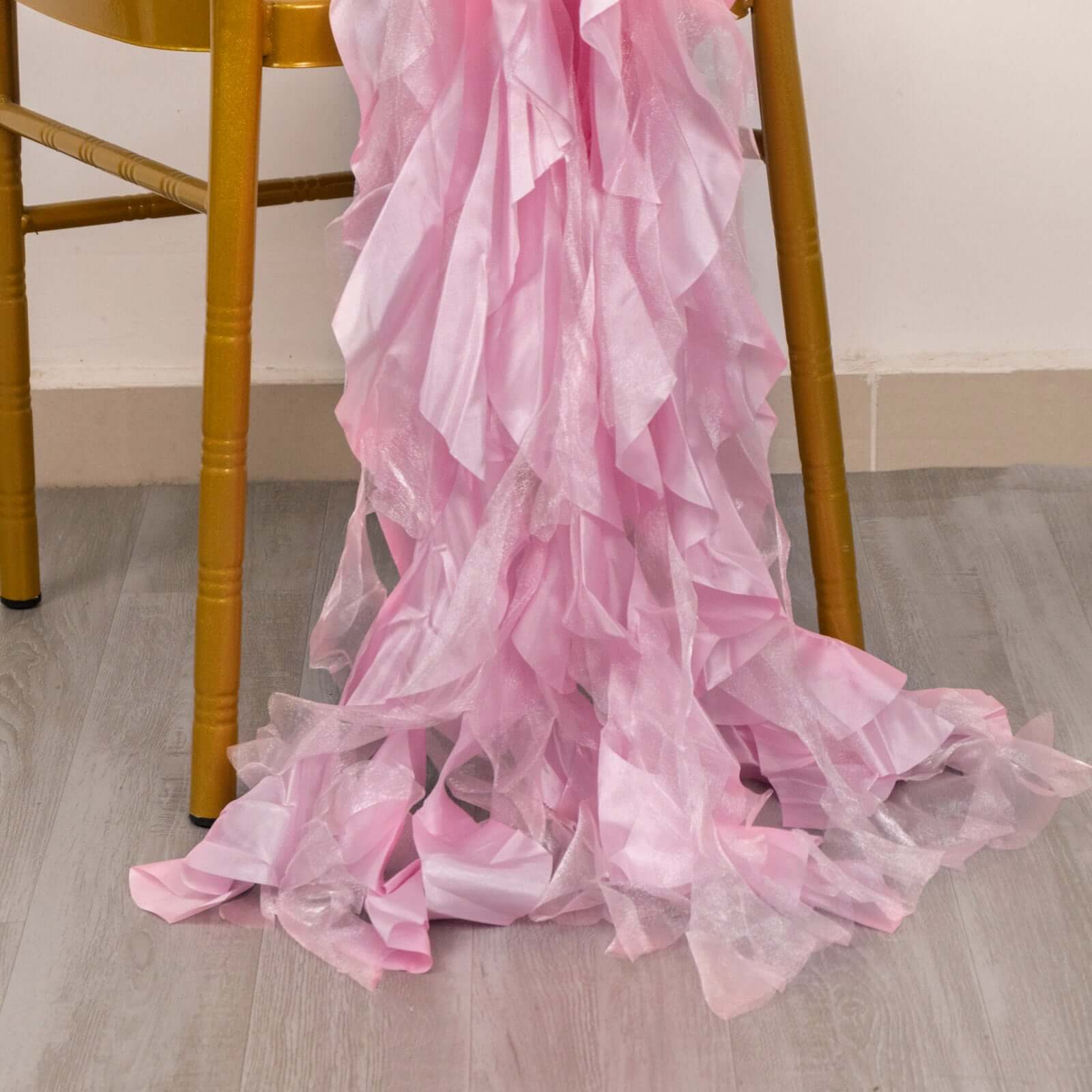 5-Piece Pink Chiffon Satin Curly Willow Chair Sashes - Effortless Installation