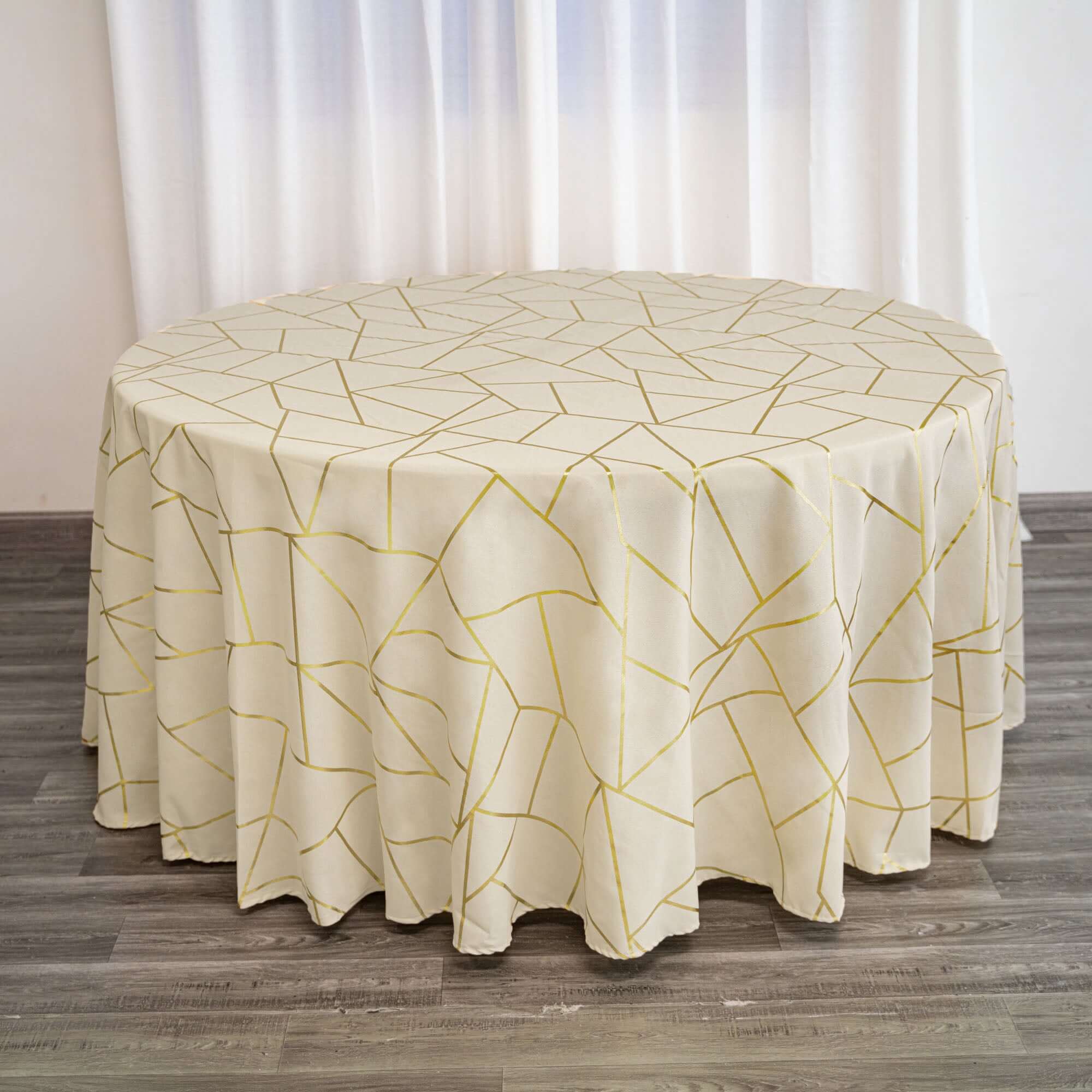 Exclusive Beige Polyester 120 Round Tablecloth with Gold Foil Geometric Pattern - Wrinkle-Resistant