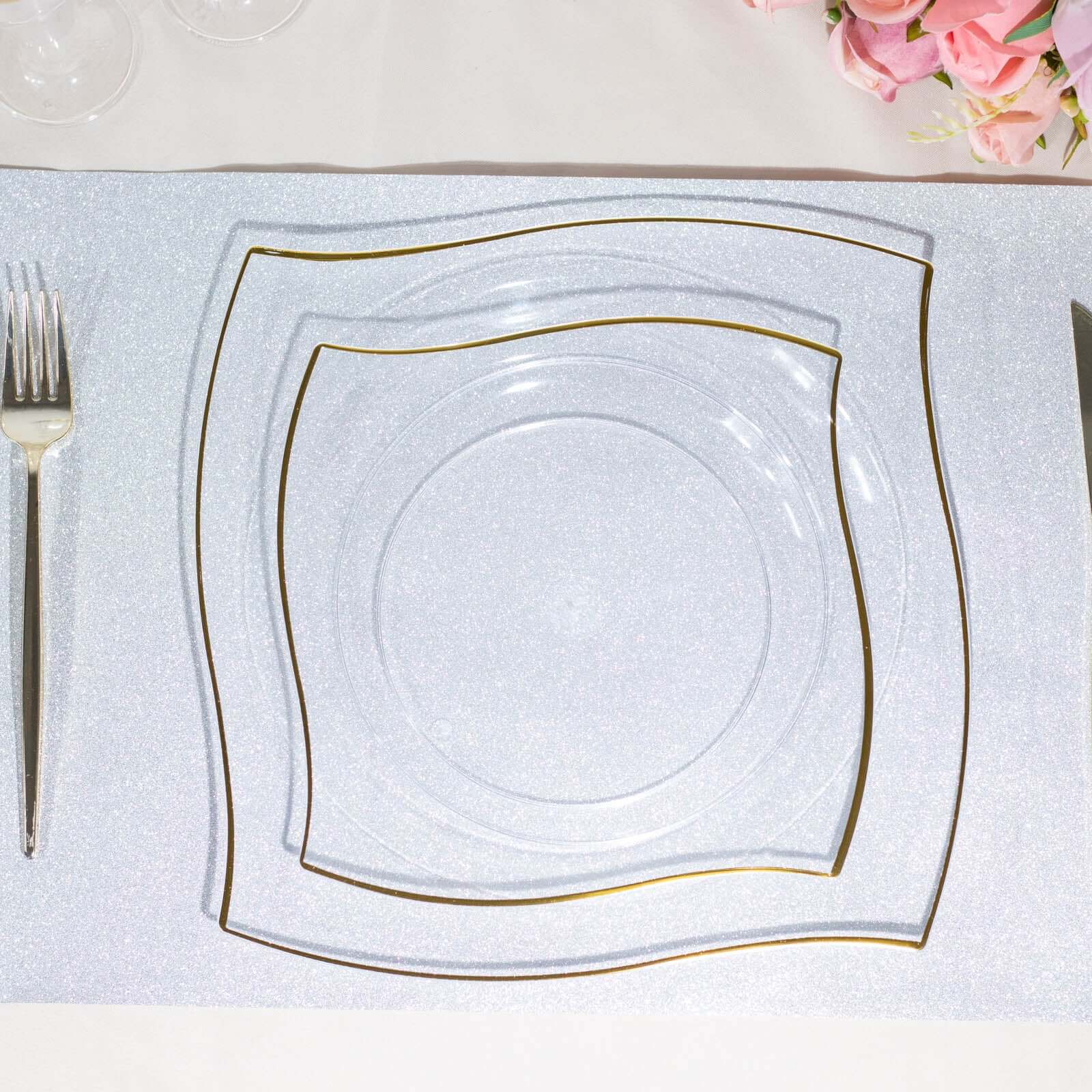 10-Piece Set of Clear Plastic Square Dessert Plates with Gold Wavy Rim - Disposable for Party Use