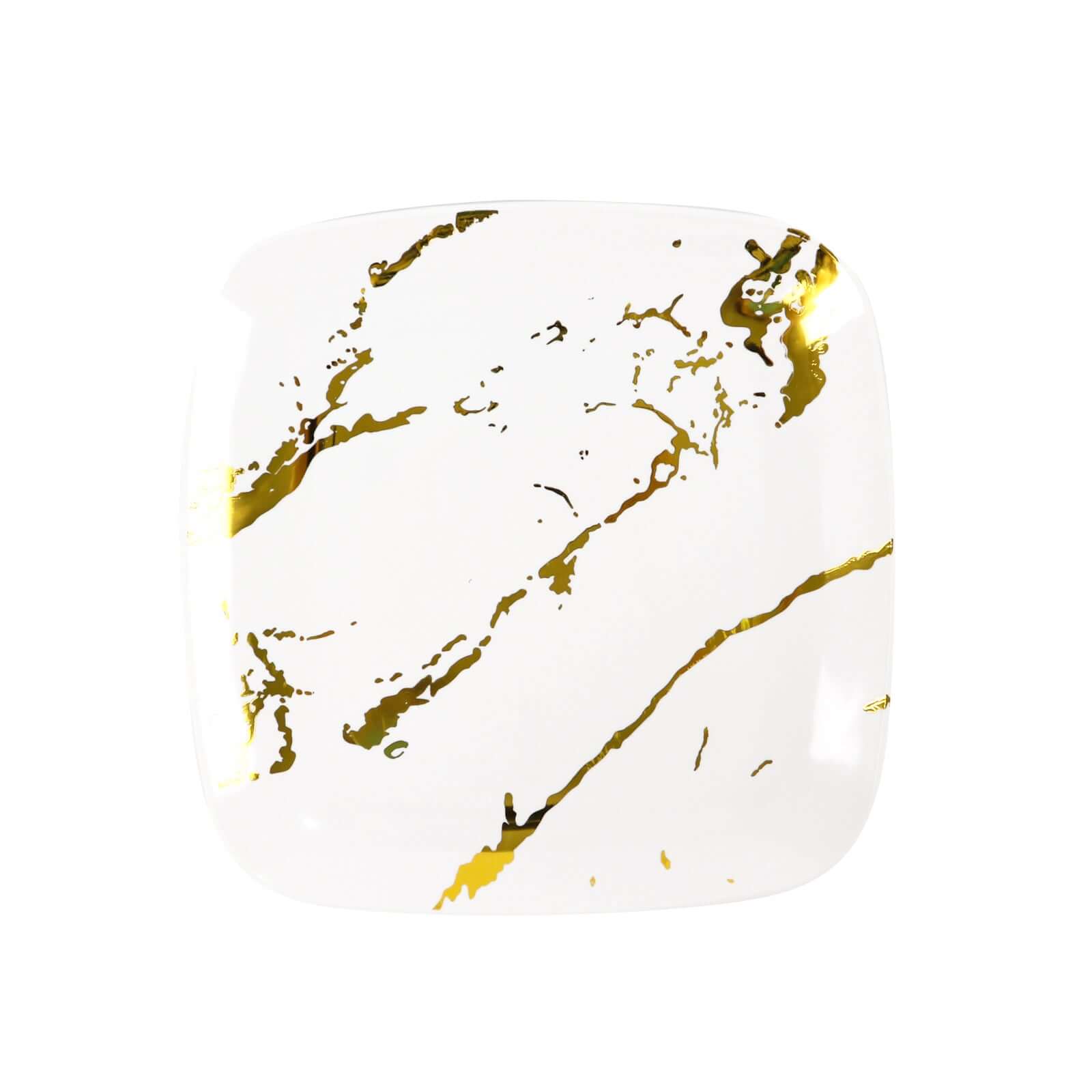 10-Piece Set of White Plastic Square Dessert Plates with Gold Marble Design - Ideal for Weddings and Special Events