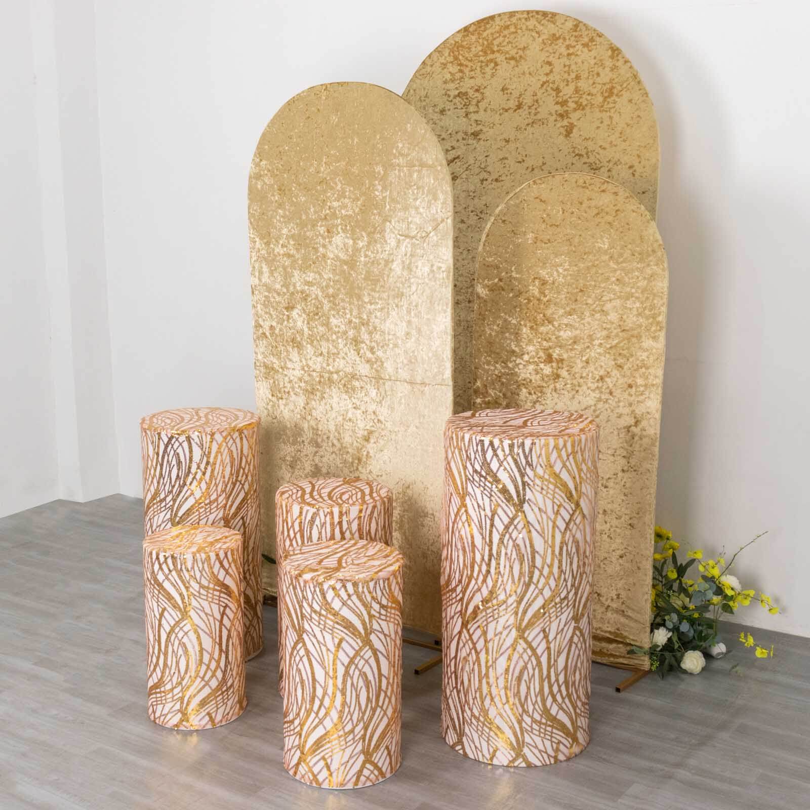 Set of 5 Rose Gold and Gold Sparkly Wave Sequin Mesh Cylinder Pedestal Stand Covers