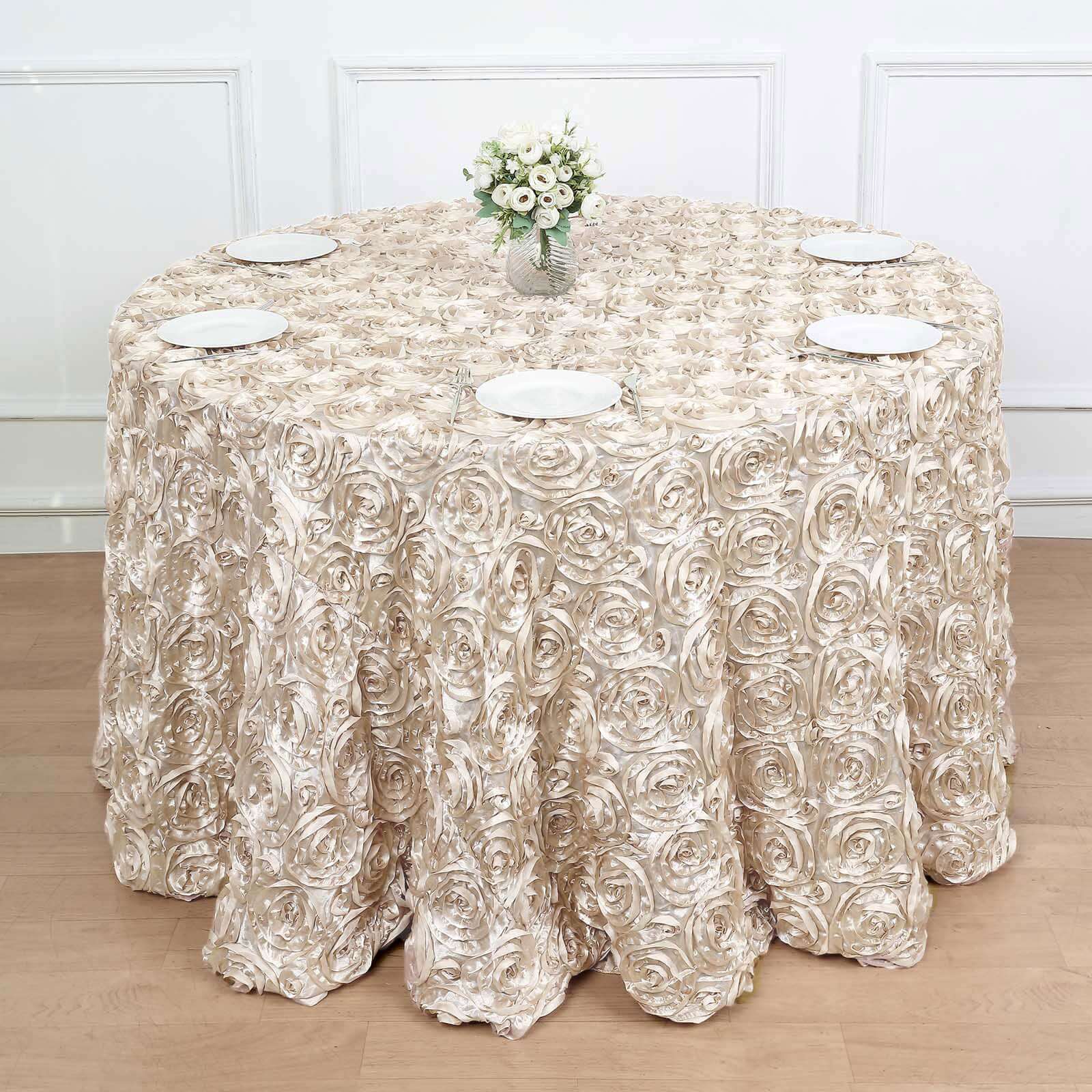 Beige High - Quality Satin 120 - inch Round Tablecloth with 3D Rosette Design