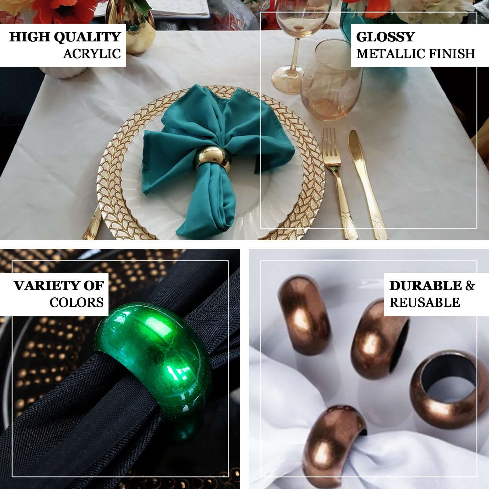 4-Pack Gold Shiny Metallic Acrylic Napkin Rings - Ideal for Events