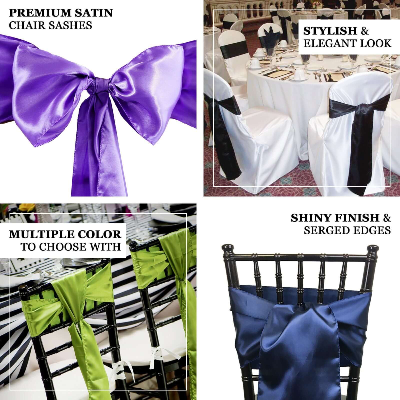 5-Piece Set of Purple Satin Chair Sashes - Durable, Shiny 6x106 Bows