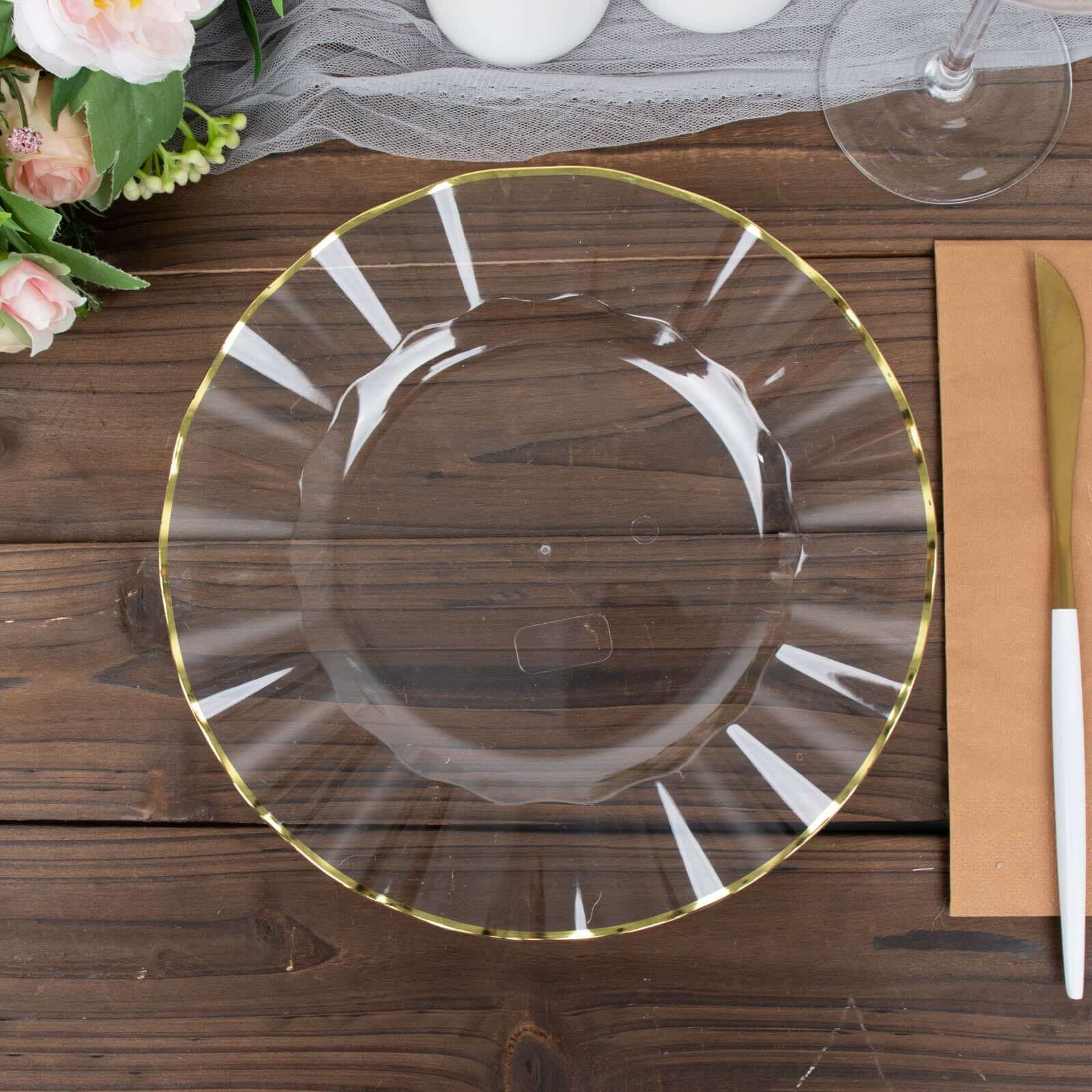 10-Piece Set of Sturdy Disposable Plastic Round Dinner Plates with Clear Ruffled Rim and Gold Edging